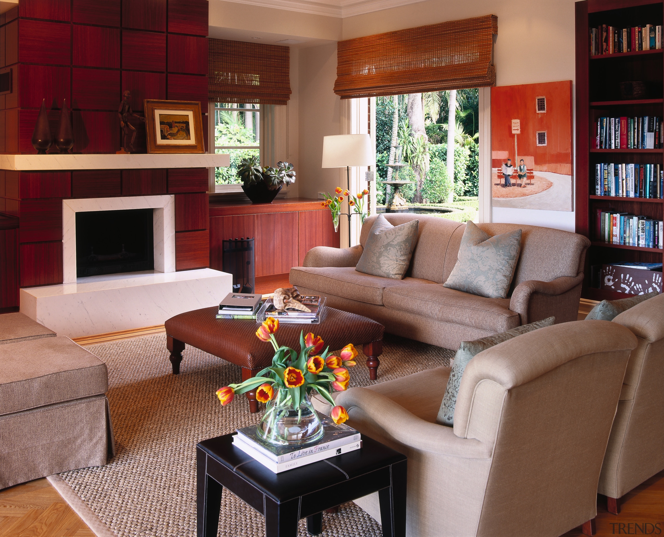 view of the formal living areas received minor furniture, home, interior design, living room, room, red, brown
