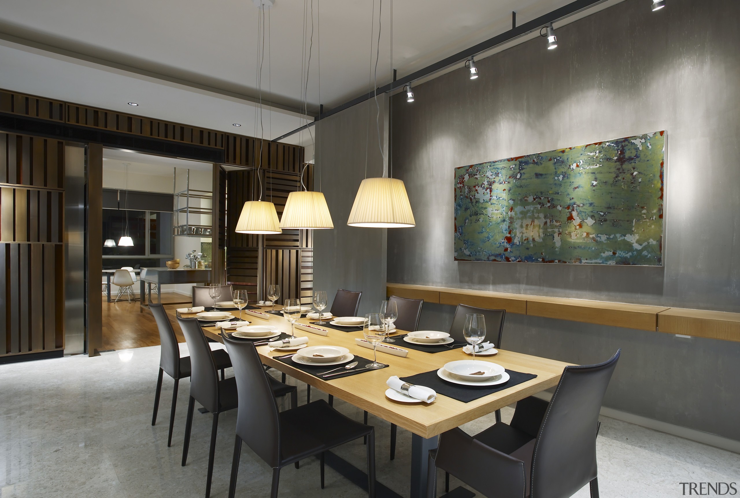 View of apartment dining area at the Springtide ceiling, dining room, interior design, room, table, gray, black