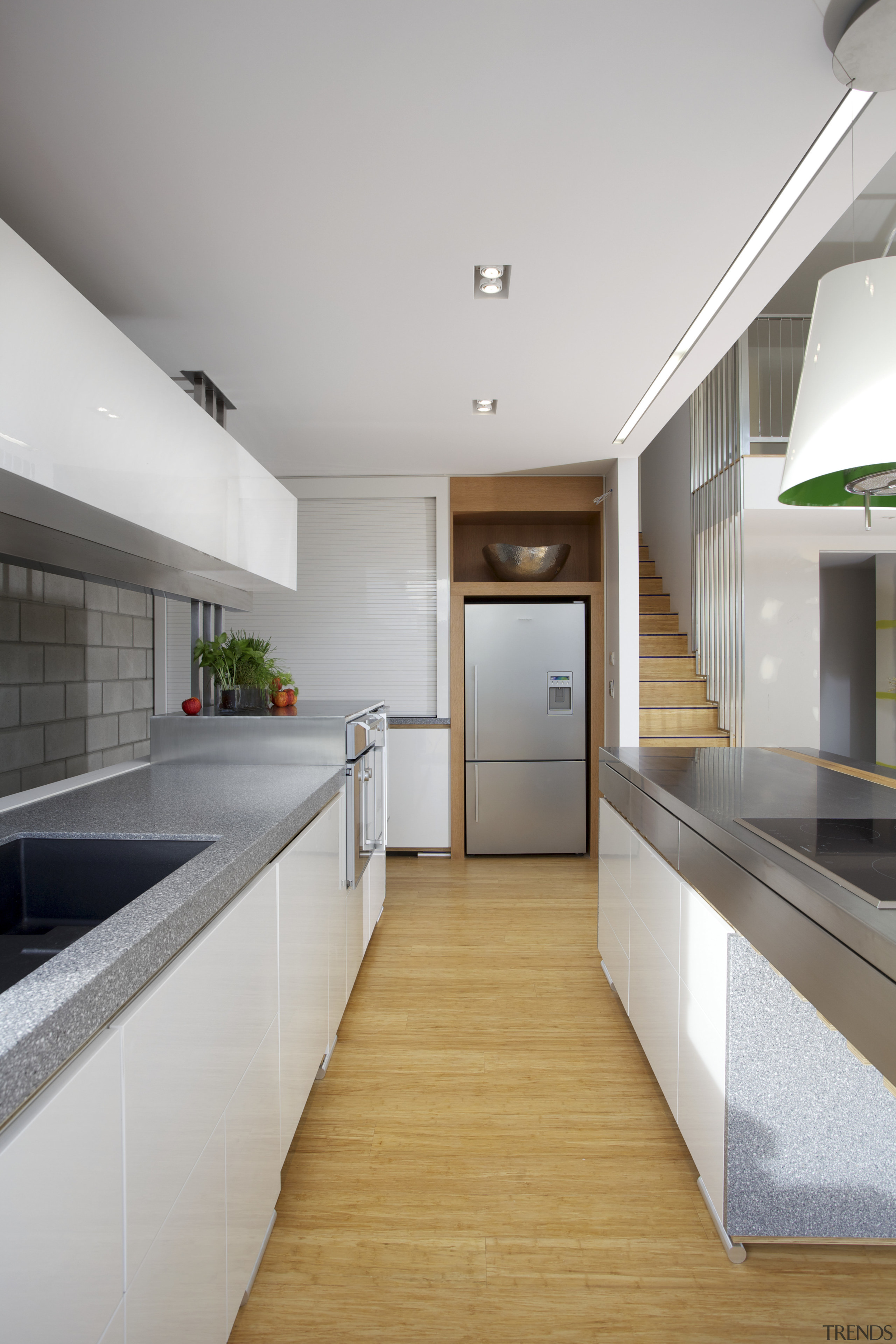 View of kitchen with wooden flooring and stainless architecture, countertop, daylighting, floor, house, interior design, kitchen, real estate, gray