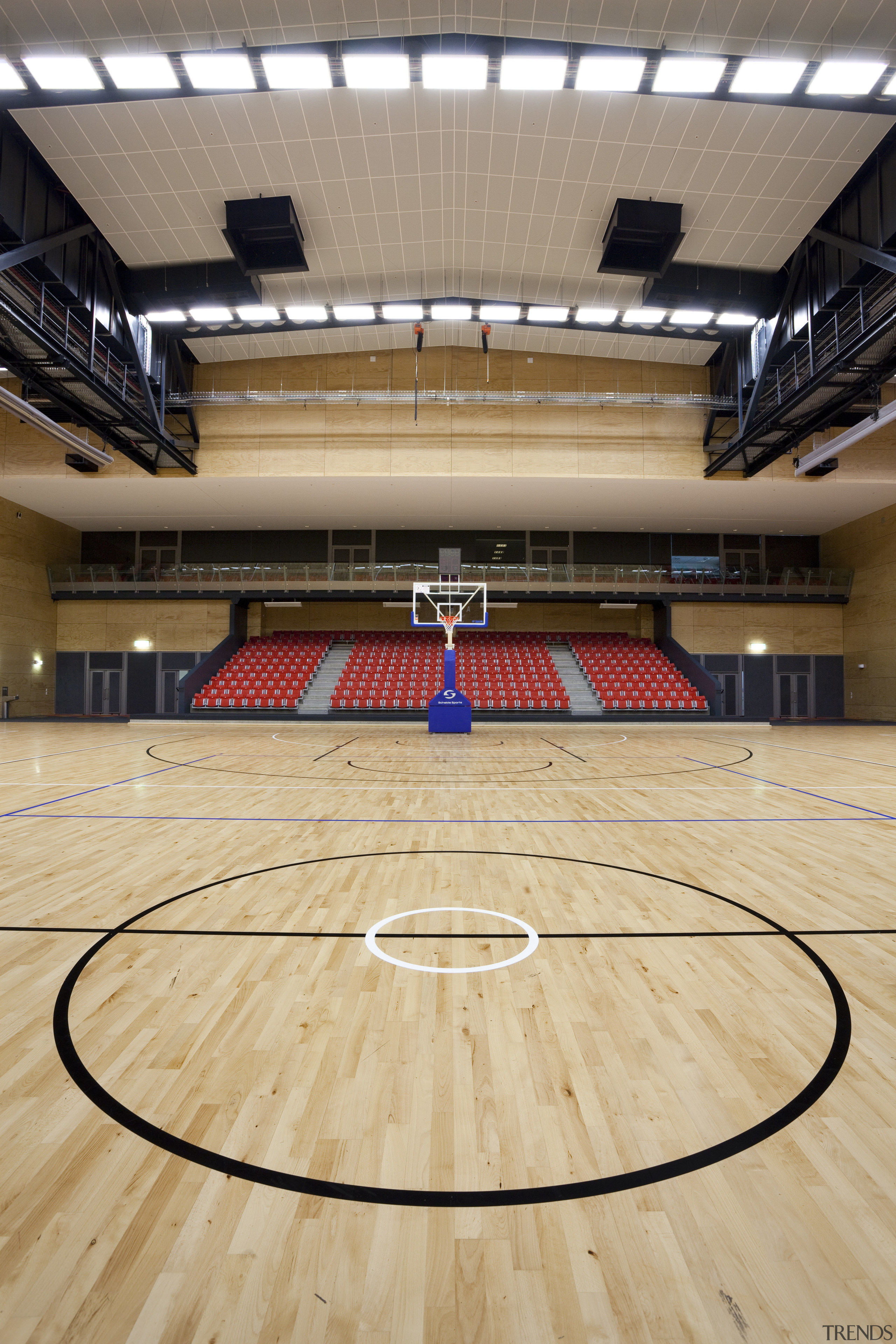 Indoor court with black lines. - Indoor court arena, basketball court, floor, flooring, hardwood, leisure centre, sport venue, sports, stadium, structure, wood, orange, gray