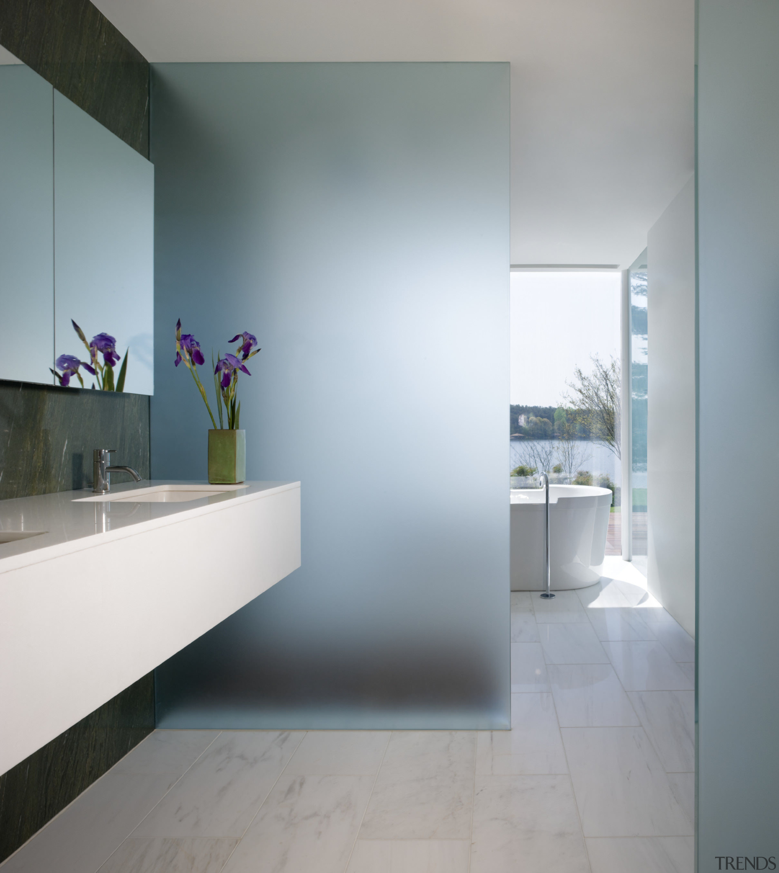 View of light-toned bathroom. - View of light-toned architecture, bathroom, bathroom cabinet, ceiling, daylighting, floor, flooring, glass, home, house, interior design, room, sink, tile, wall, gray