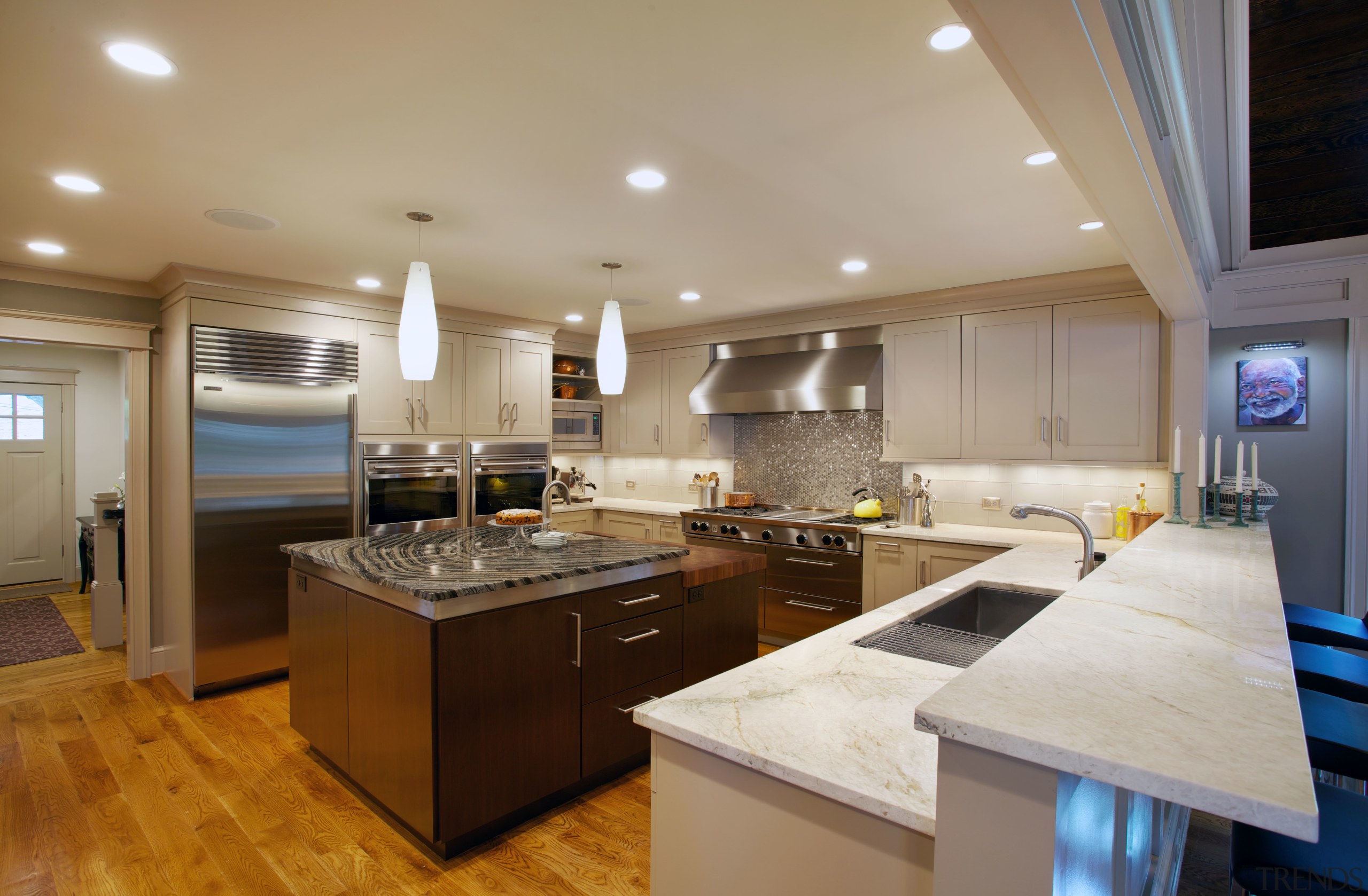 The new kitchen in this remodel by architect cabinetry, ceiling, countertop, cuisine classique, hardwood, interior design, kitchen, real estate, room, gray, brown