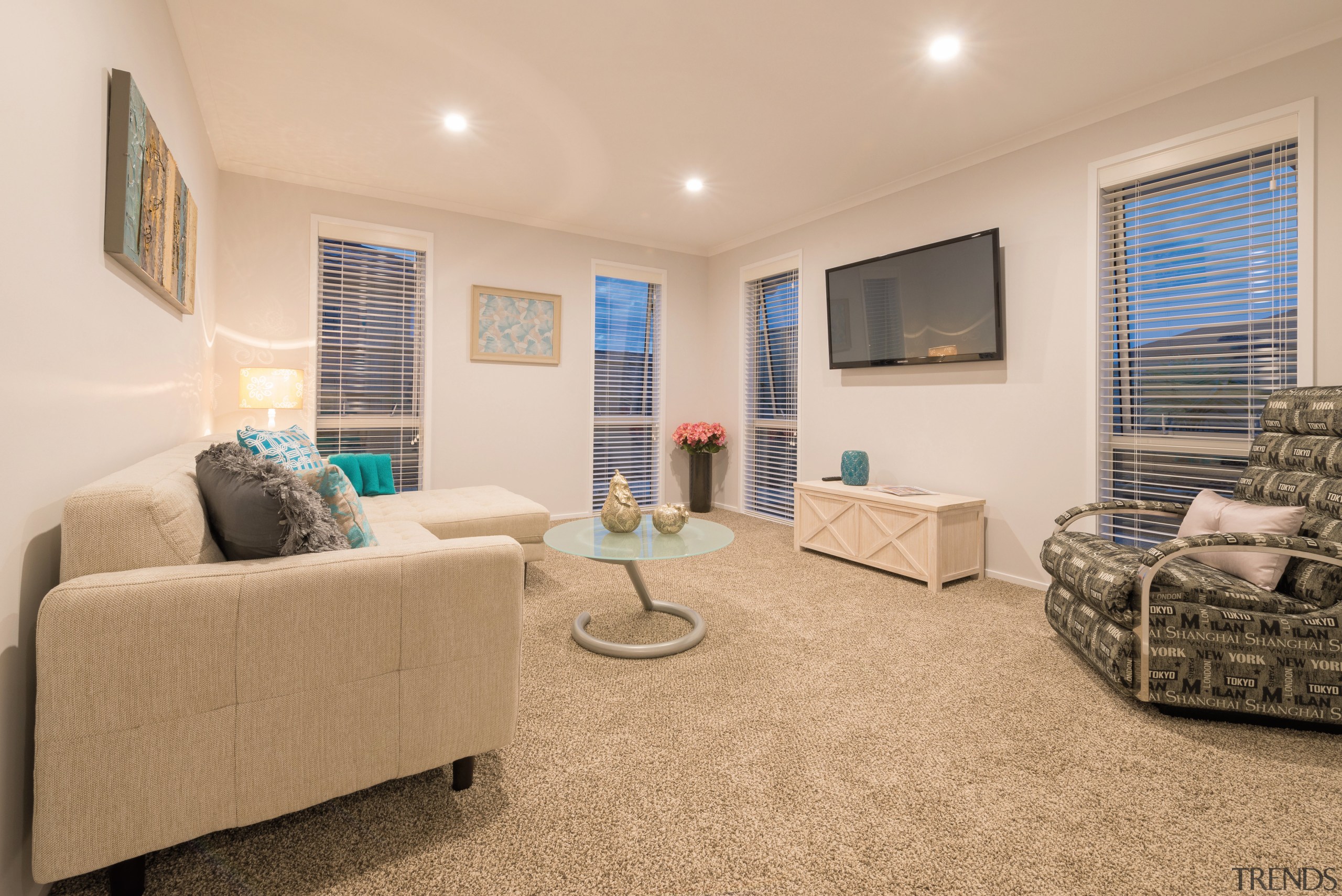 This new show home in Kerikeri, by GJ ceiling, estate, floor, flooring, hardwood, home, interior design, living room, property, real estate, room, window, orange