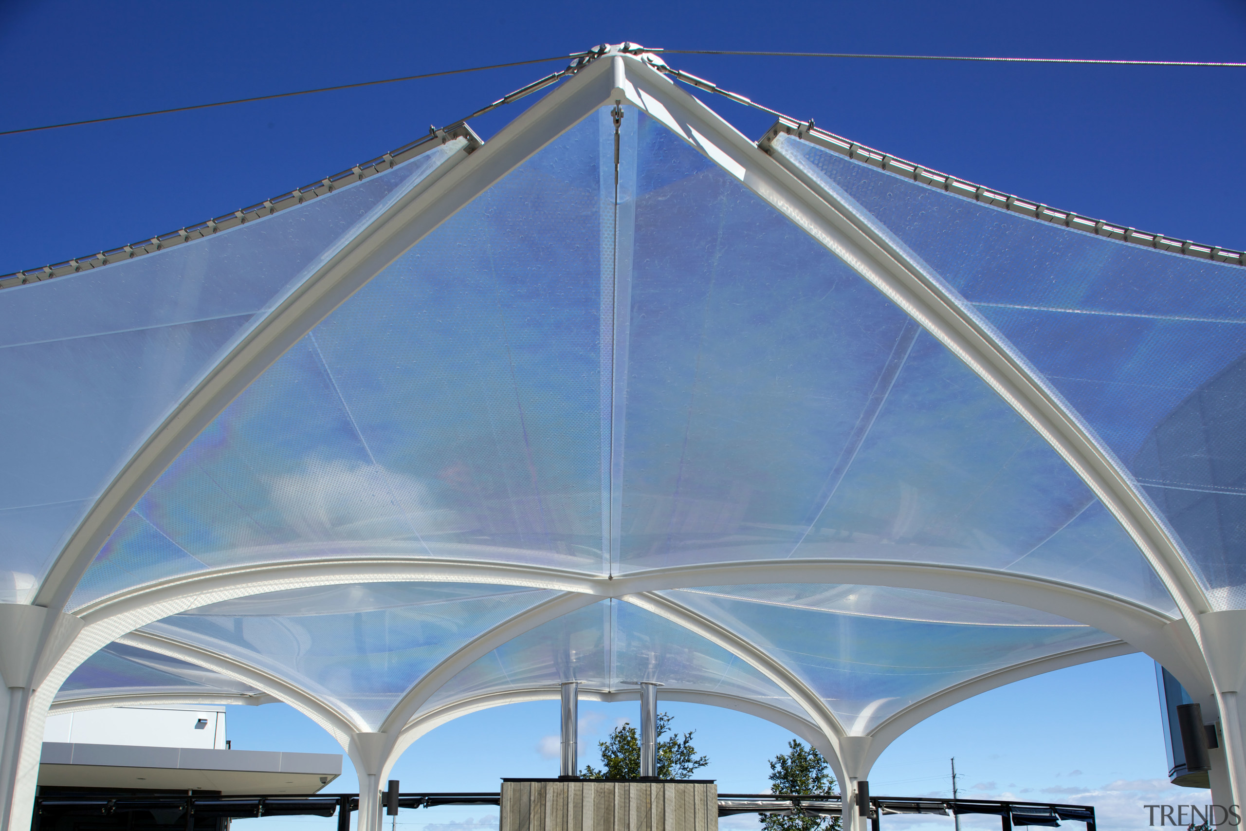 The soaring roof of the Kauwi Interpretive Centre arch, architecture, daytime, fixed link, landmark, roof, sky, structure, teal, blue