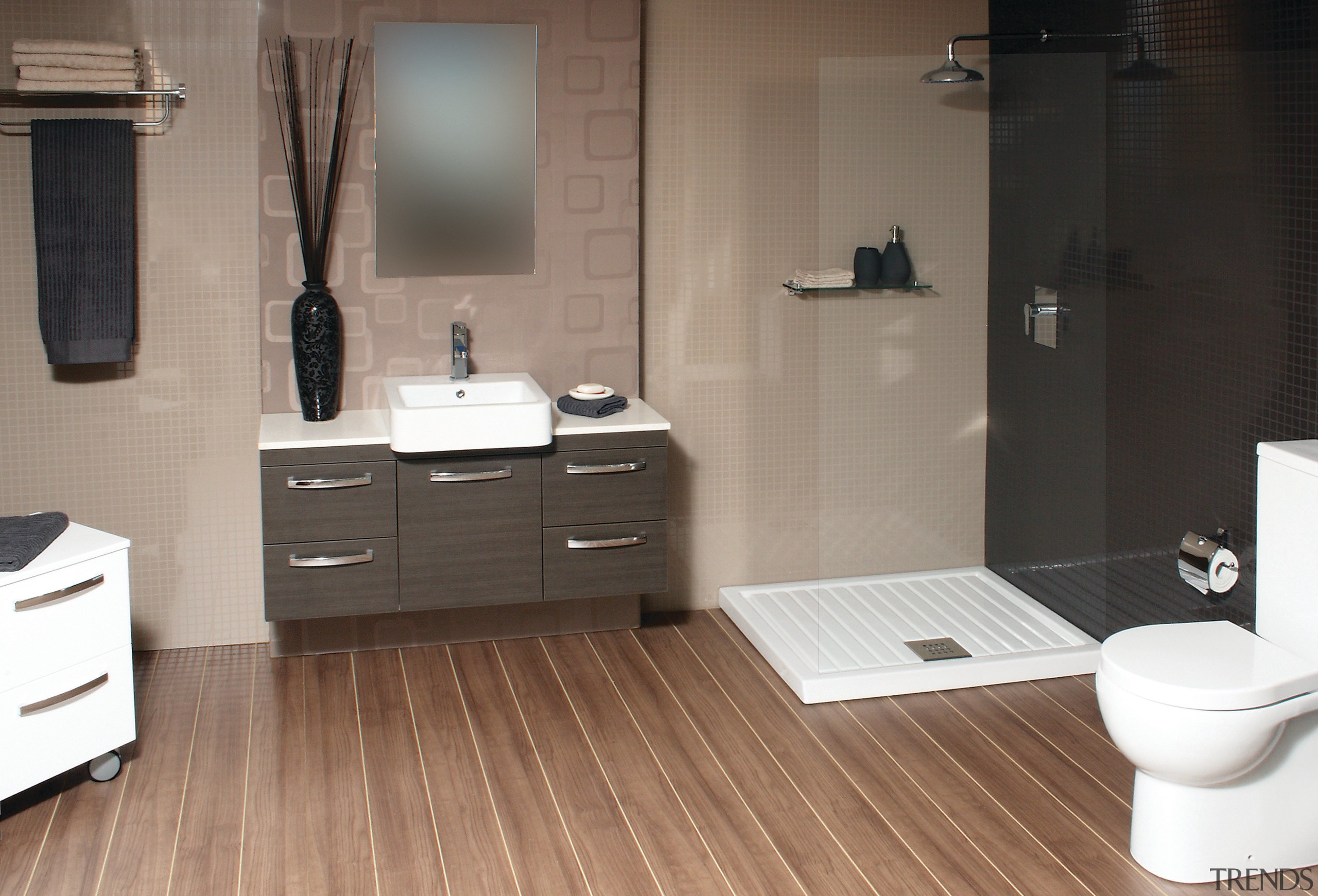 View of a bathroom which features solid-surface countertops bathroom, bathroom accessory, bathroom cabinet, floor, flooring, hardwood, interior design, laminate flooring, plumbing fixture, product design, room, sink, tile, wood, wood flooring, gray