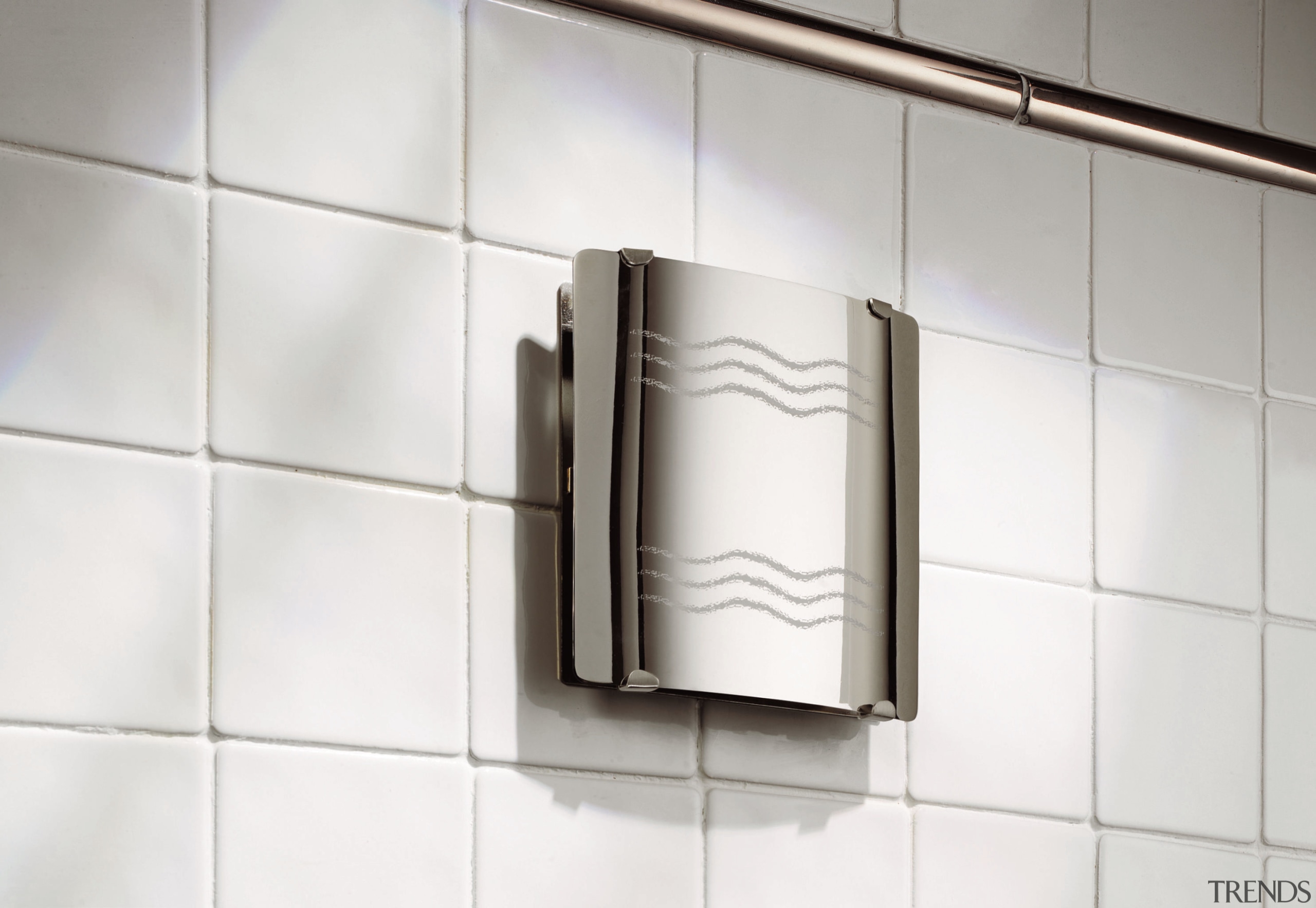 A view of a bathroom fan by Greenwood. angle, bathroom accessory, floor, product design, tap, tile, wall, white