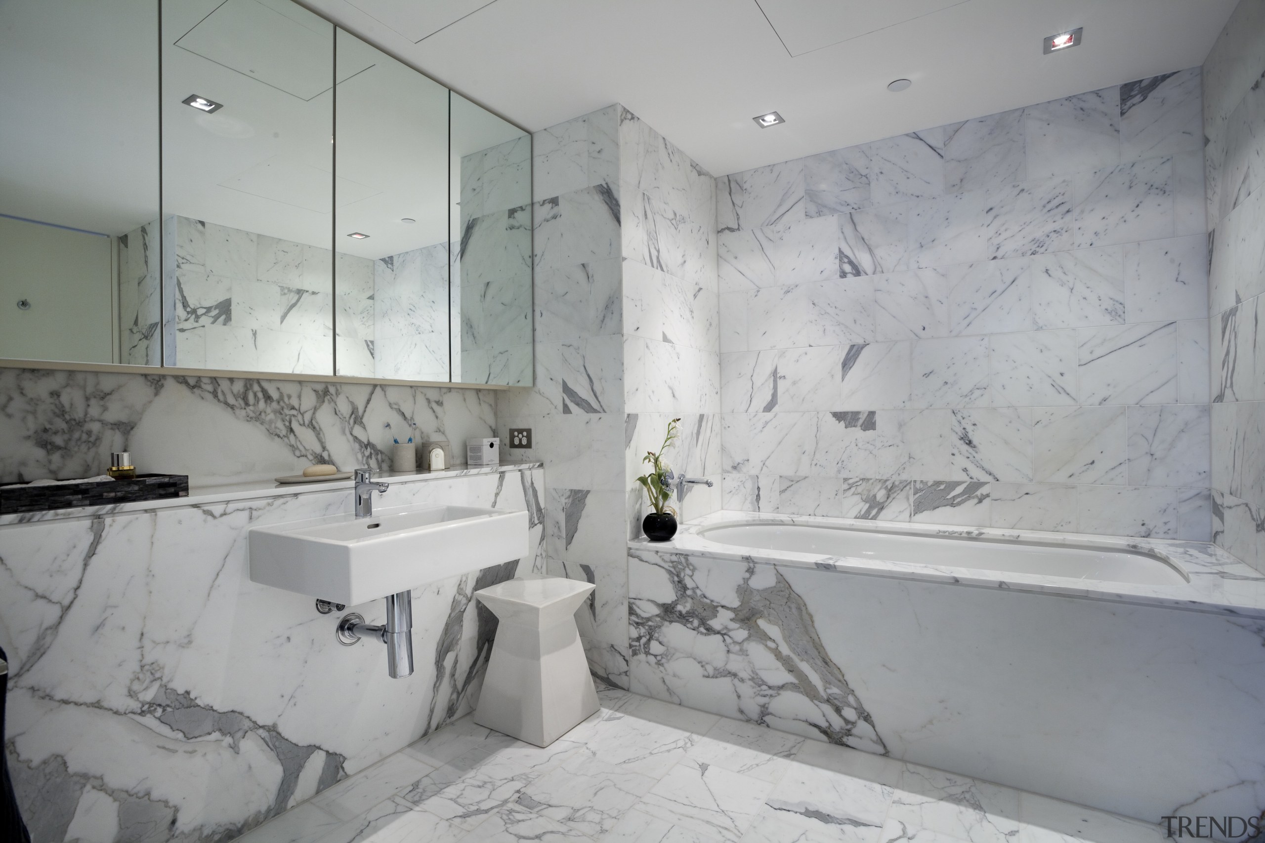 View of contemporary light toned bathroom with marble architecture, bathroom, floor, home, interior design, product design, property, room, tile, wall, gray