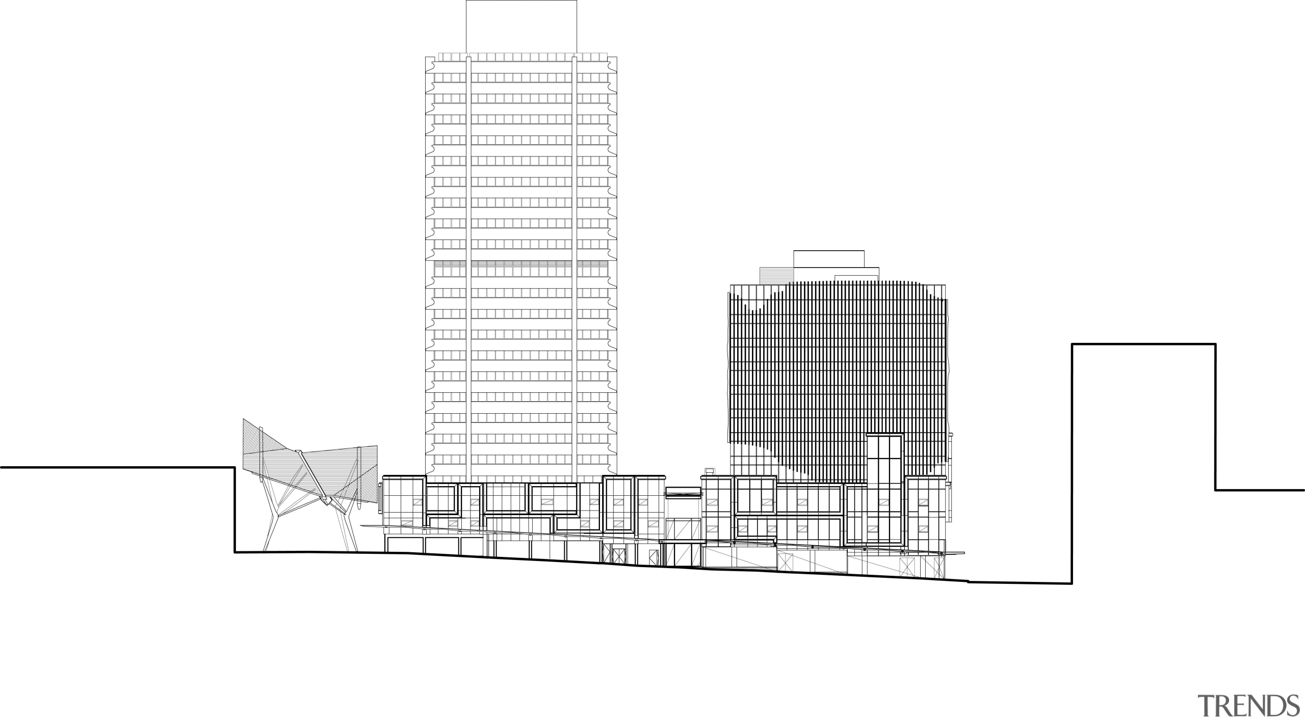 View of office tower with retail podium with angle, architecture, area, building, design, diagram, elevation, line, product design, structure, white