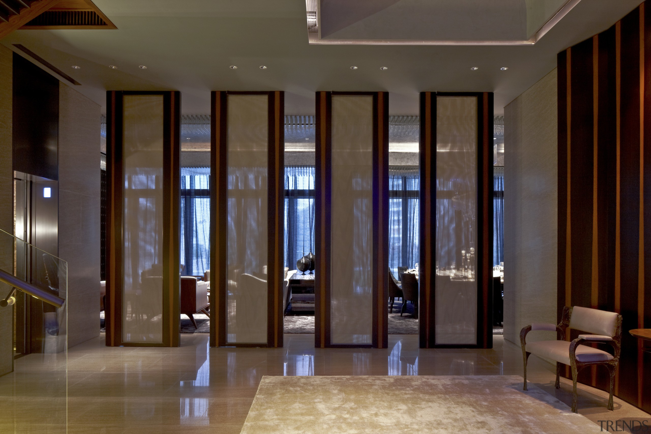 View of open plan area in a contemporary ceiling, door, floor, flooring, interior design, lobby, brown, black