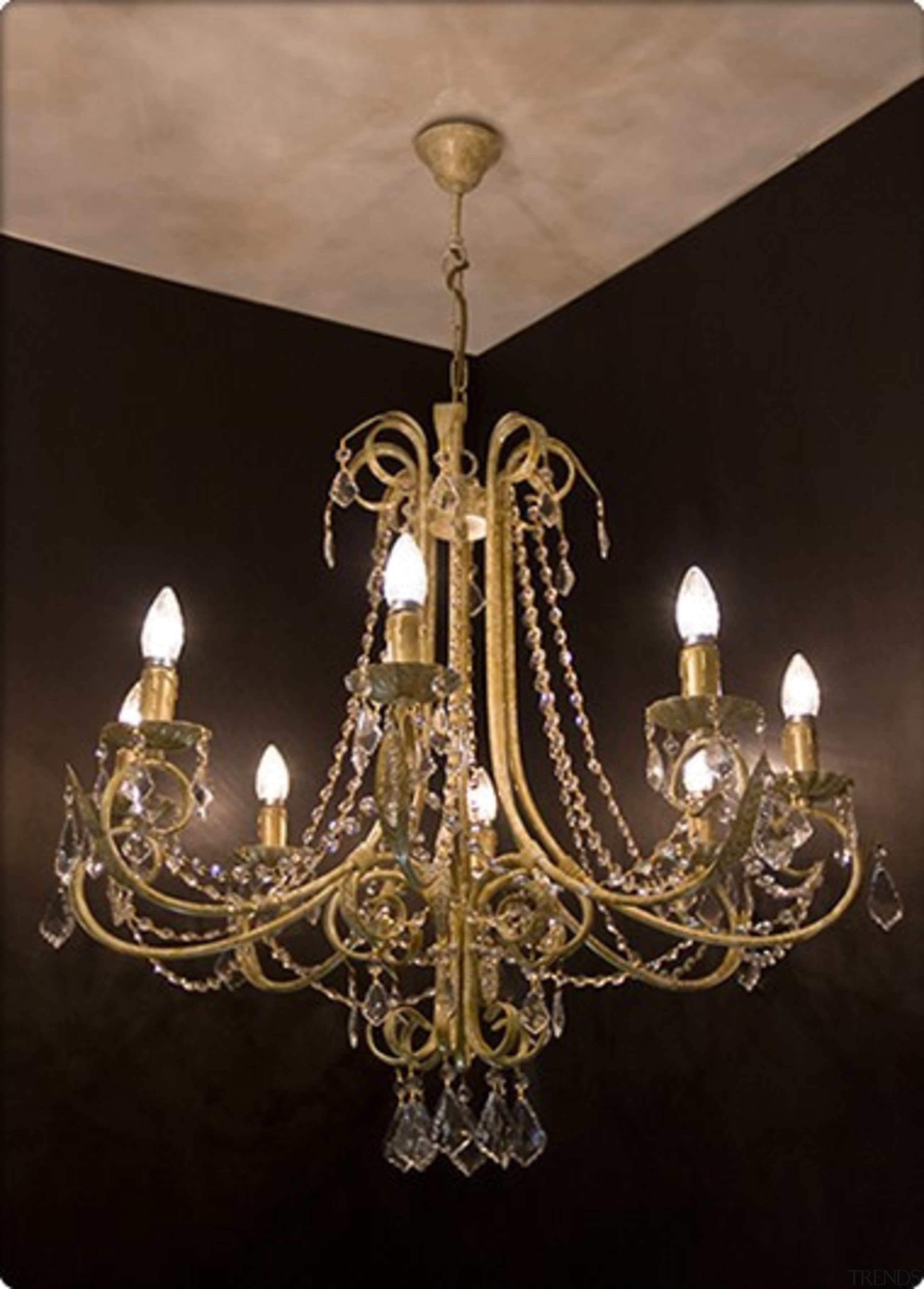 FeaturesCurved arms and gracefully scrolled leaf work draped chandelier, decor, light fixture, lighting, black, brown