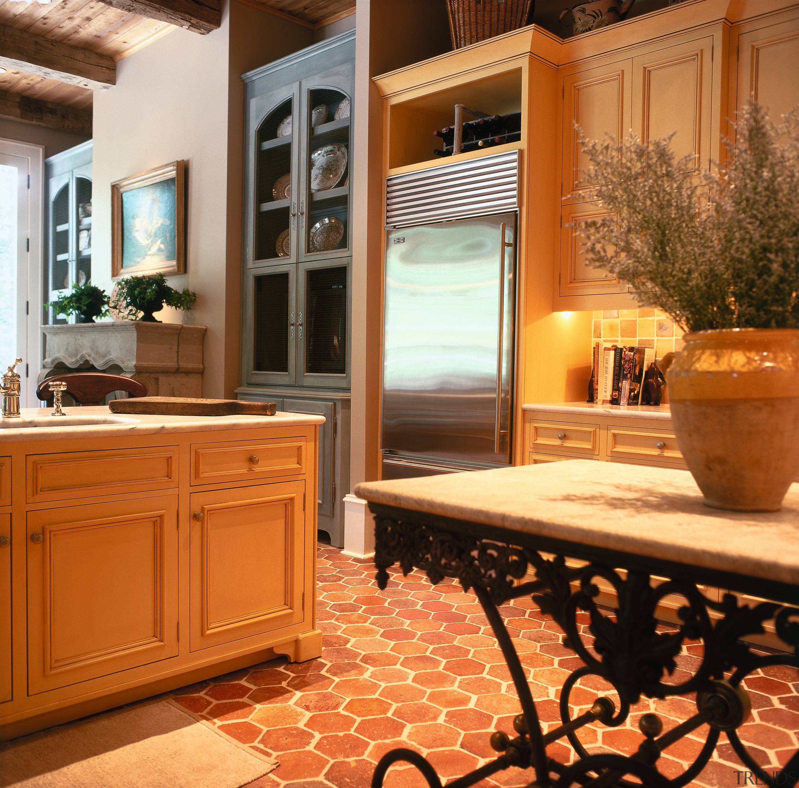 View of traditional kitchen with stainless steel refrigerator. cabinetry, countertop, cuisine classique, flooring, furniture, home, interior design, kitchen, real estate, room, window, brown