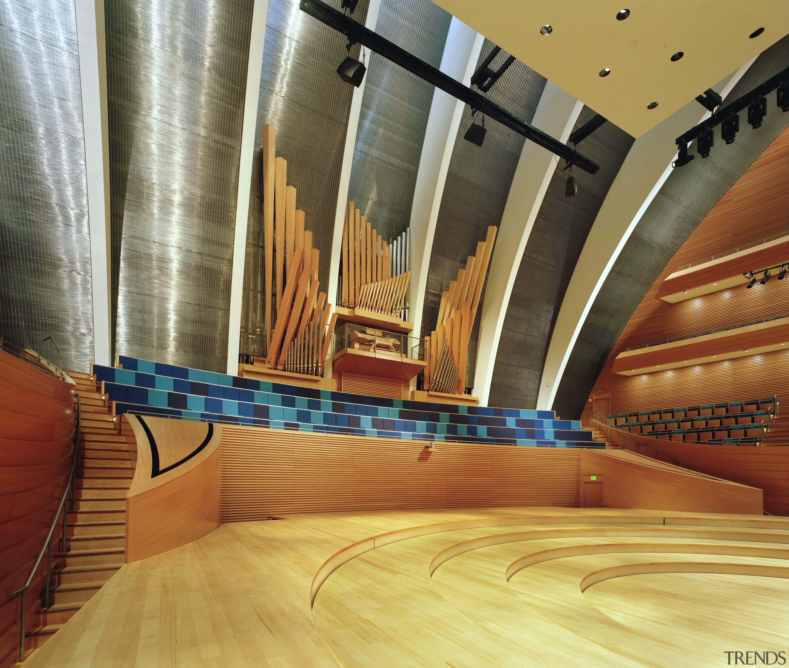 View of organ. - View of organ. - architecture, auditorium, ceiling, concert hall, floor, flooring, interior design, musical instrument, performing arts center, wood, brown