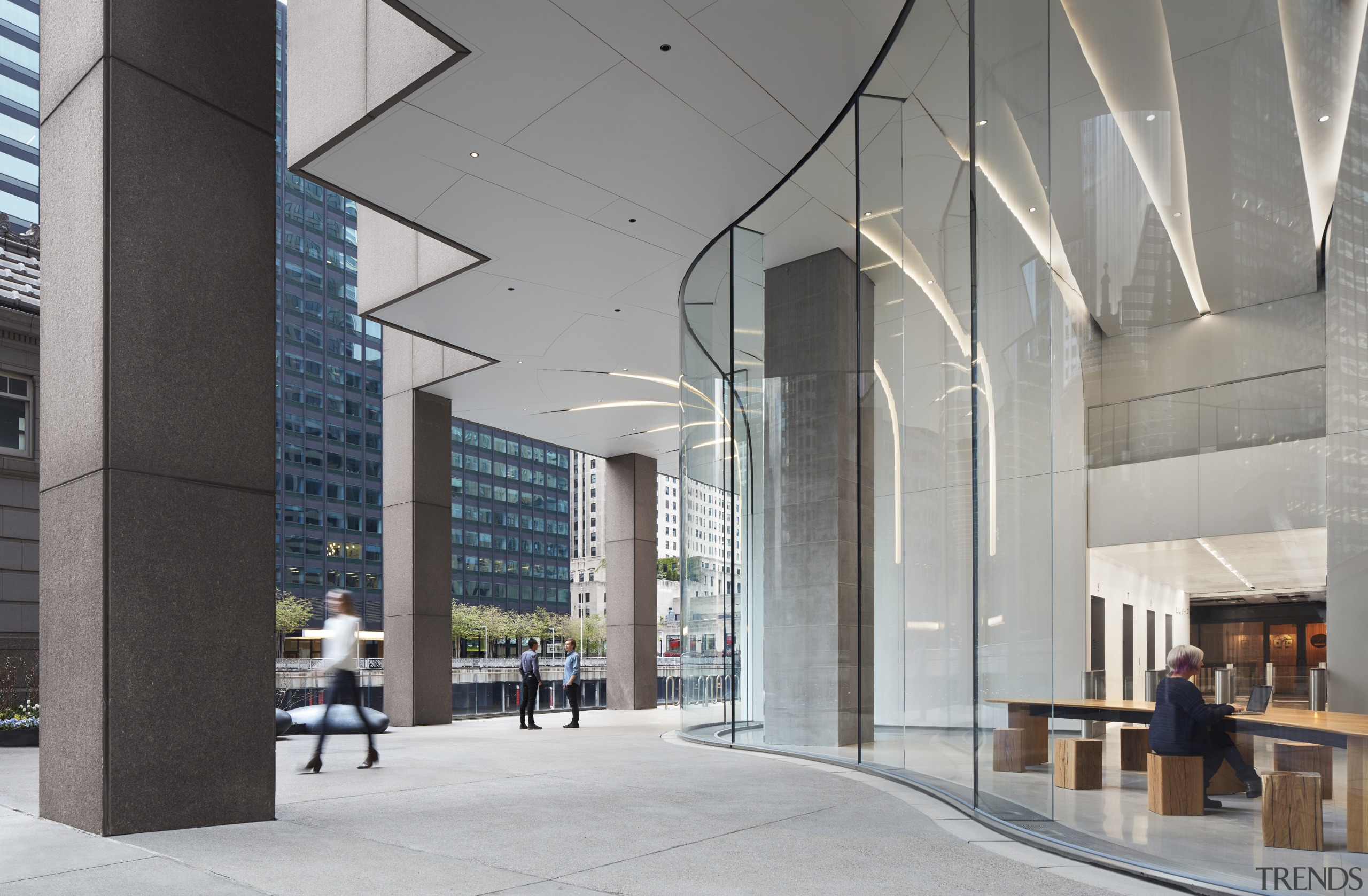 The CME Center’s new lobby provides pedestrians outside CME Centre, lobby, architecture, columns, commercial building, corporate headquarters, facade, glass, headquarters, interior design, lobby, mixed-use, gray, Krueck & Sexton