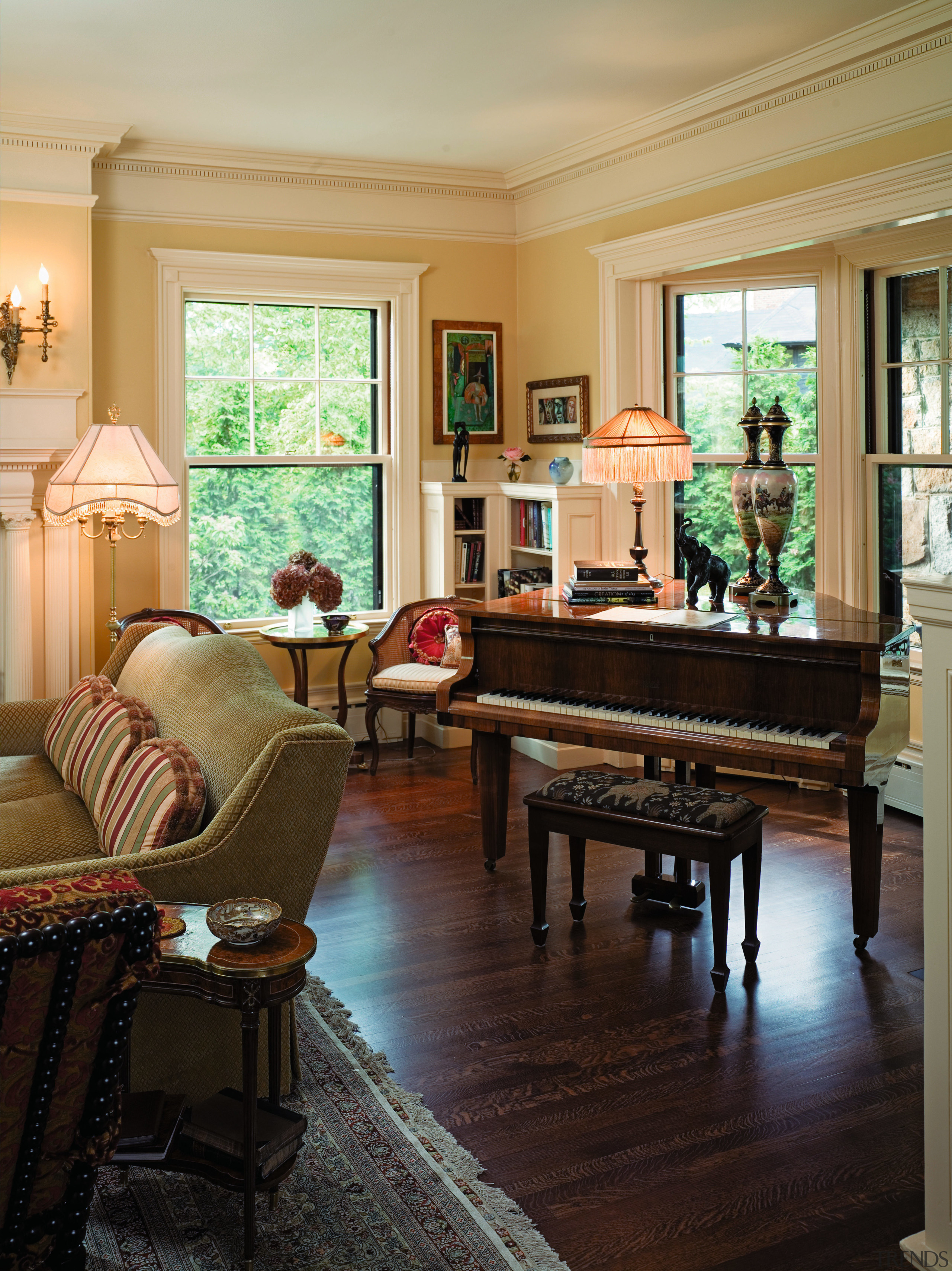 view of the formail living room that features ceiling, estate, floor, flooring, furniture, hardwood, home, house, interior design, living room, real estate, room, table, window, wood, wood flooring, black, orange