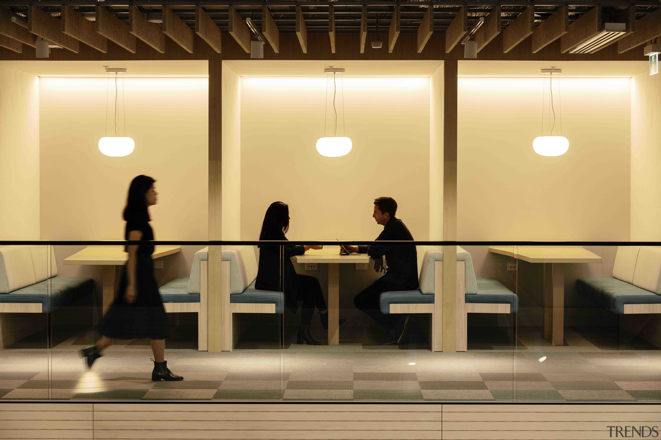 Quiet spaces for solo work, enclosed meeting spaces architecture, building, ceiling, infrastructure, interior design, lobby, room, orange, brown