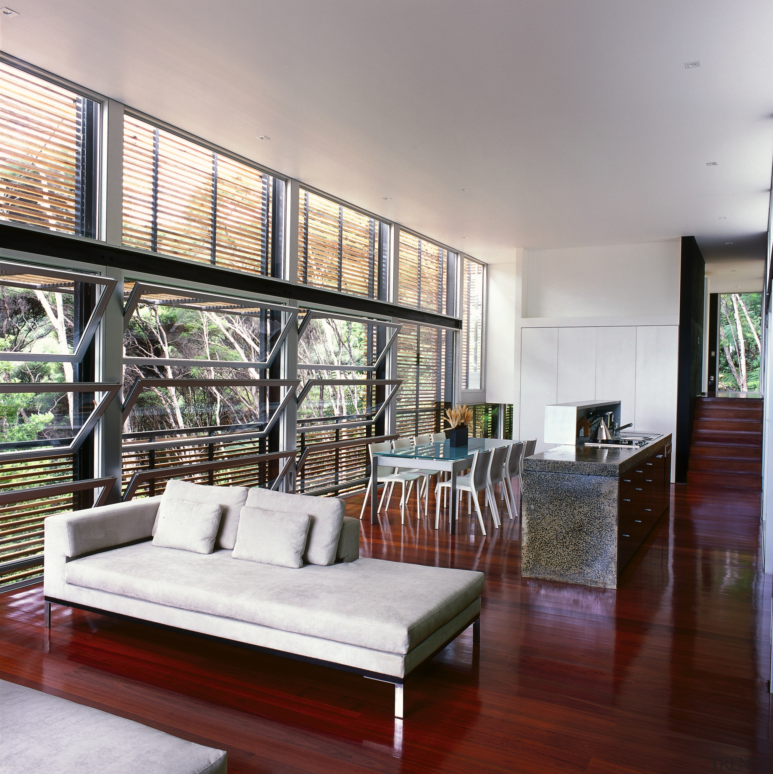 View of the main living area - View architecture, ceiling, condominium, floor, furniture, hardwood, house, interior design, living room, real estate, room, window, gray