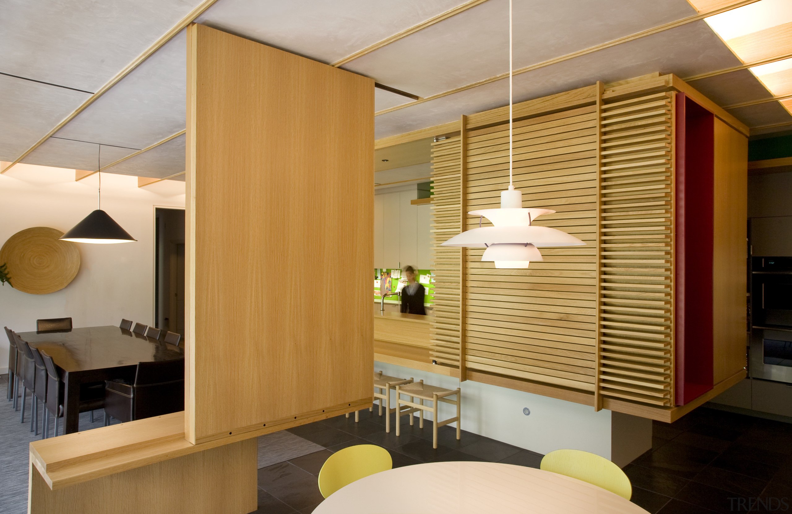 View of modernist style kitchen with wooden cabinetry architecture, ceiling, interior design, room, wall, wood, orange