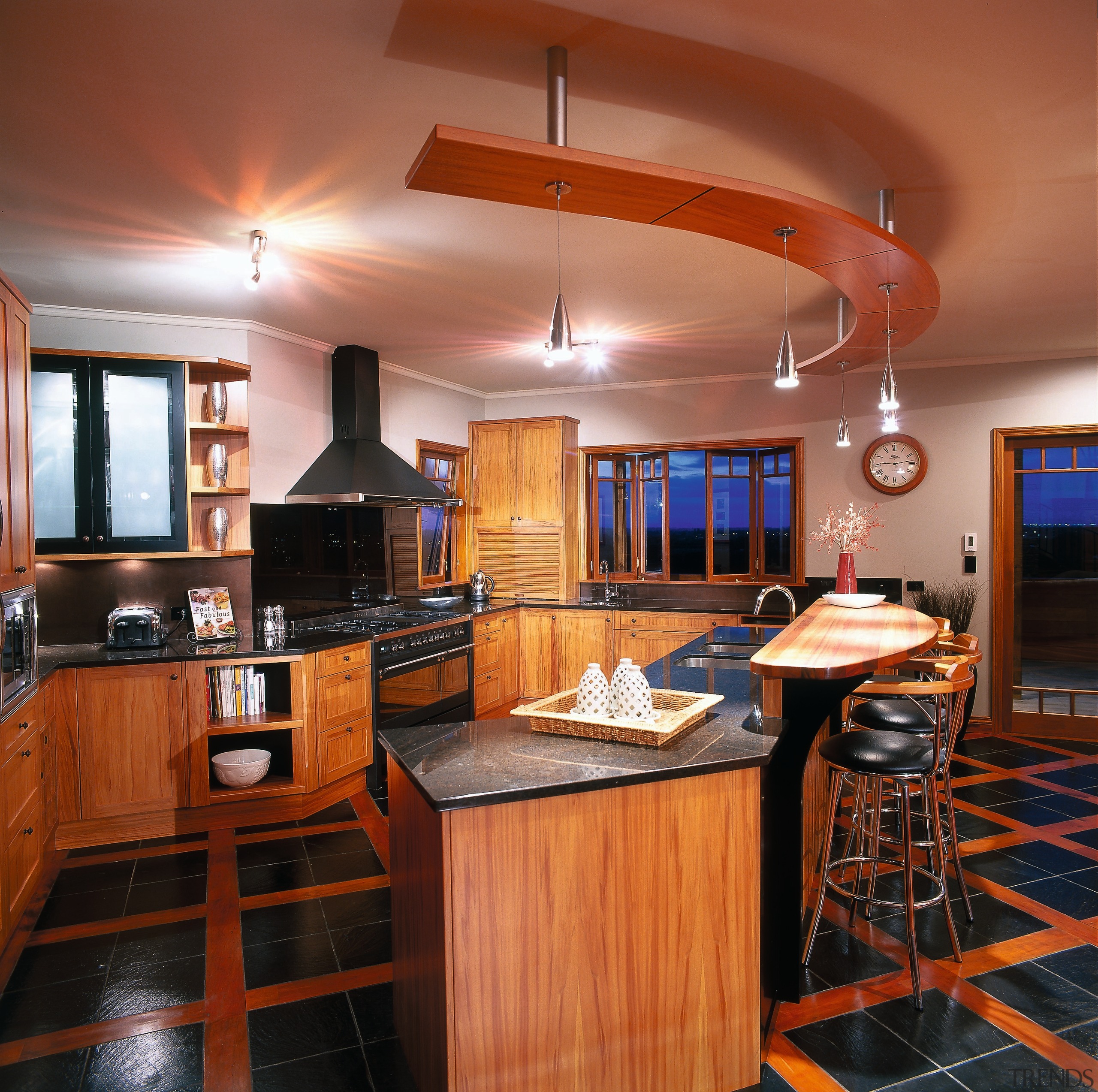 Broad view of the kitchen - Broad view cabinetry, countertop, cuisine classique, flooring, hardwood, interior design, kitchen, real estate, room, wood, red