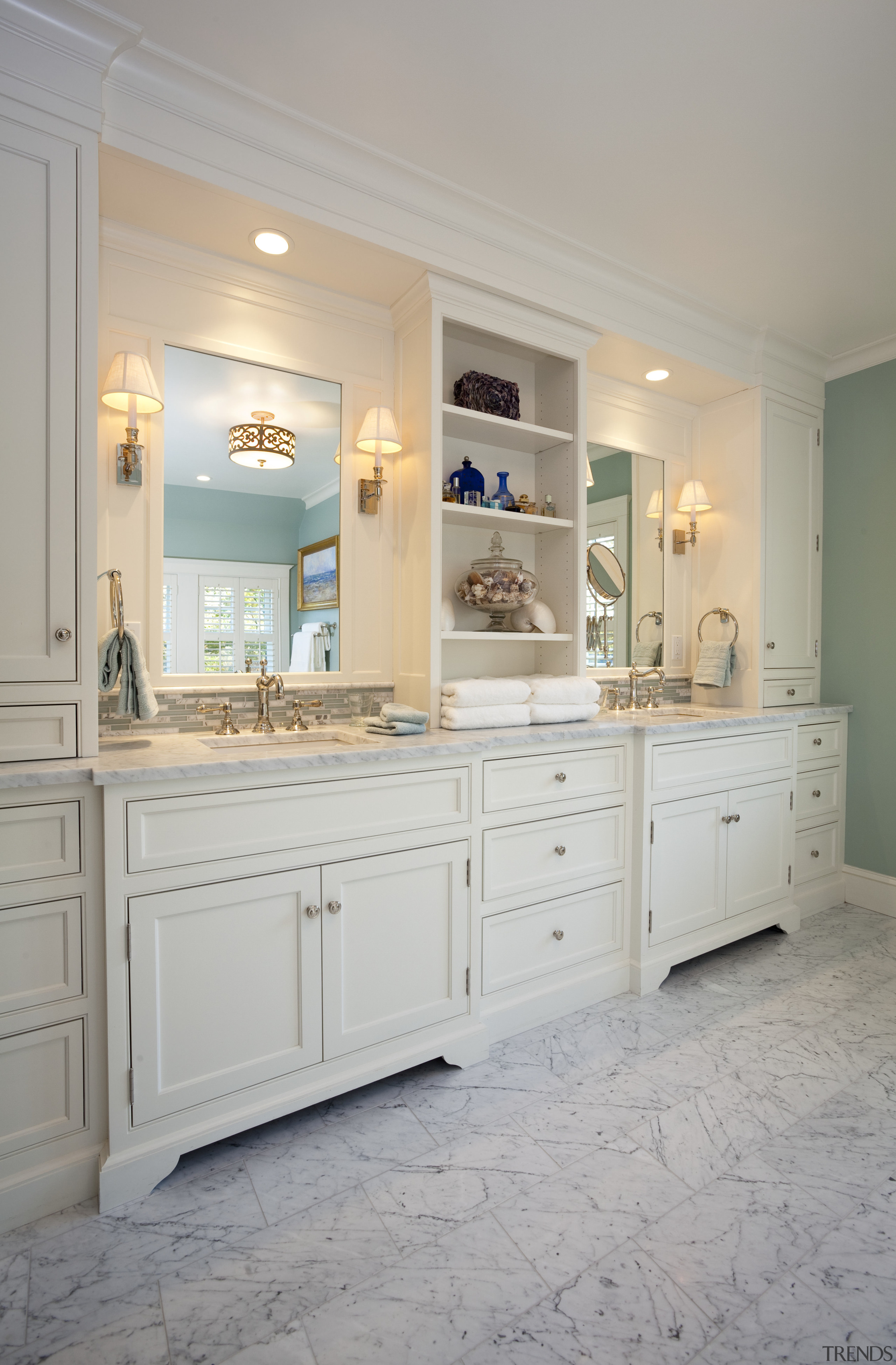 View of bathroom with white cabinetry and shelving. bathroom, bathroom cabinet, cabinetry, countertop, cuisine classique, floor, flooring, home, interior design, kitchen, room, sink, wall, gray