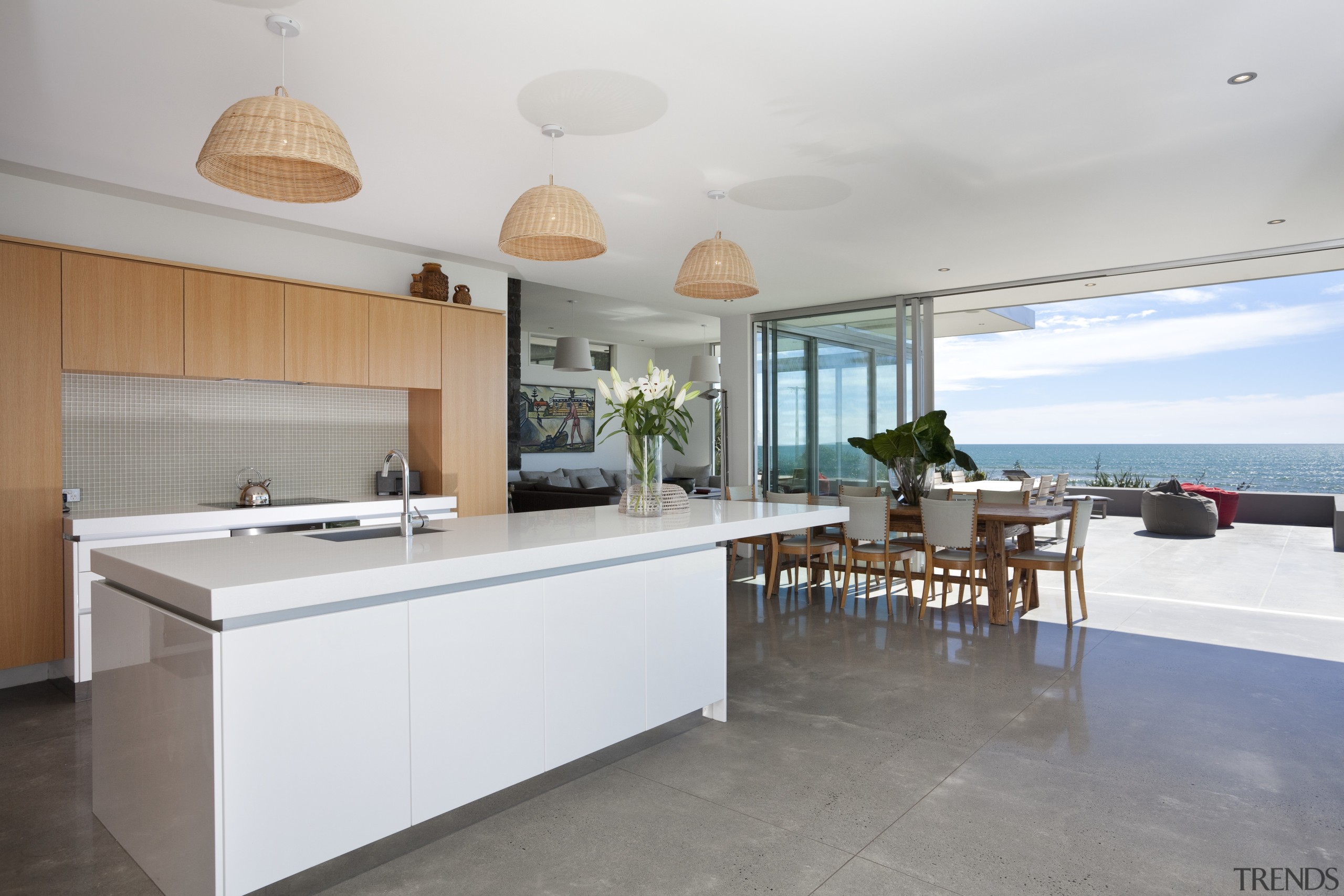 kitchen dining area and patio, white island, wood interior design, kitchen, property, real estate, gray