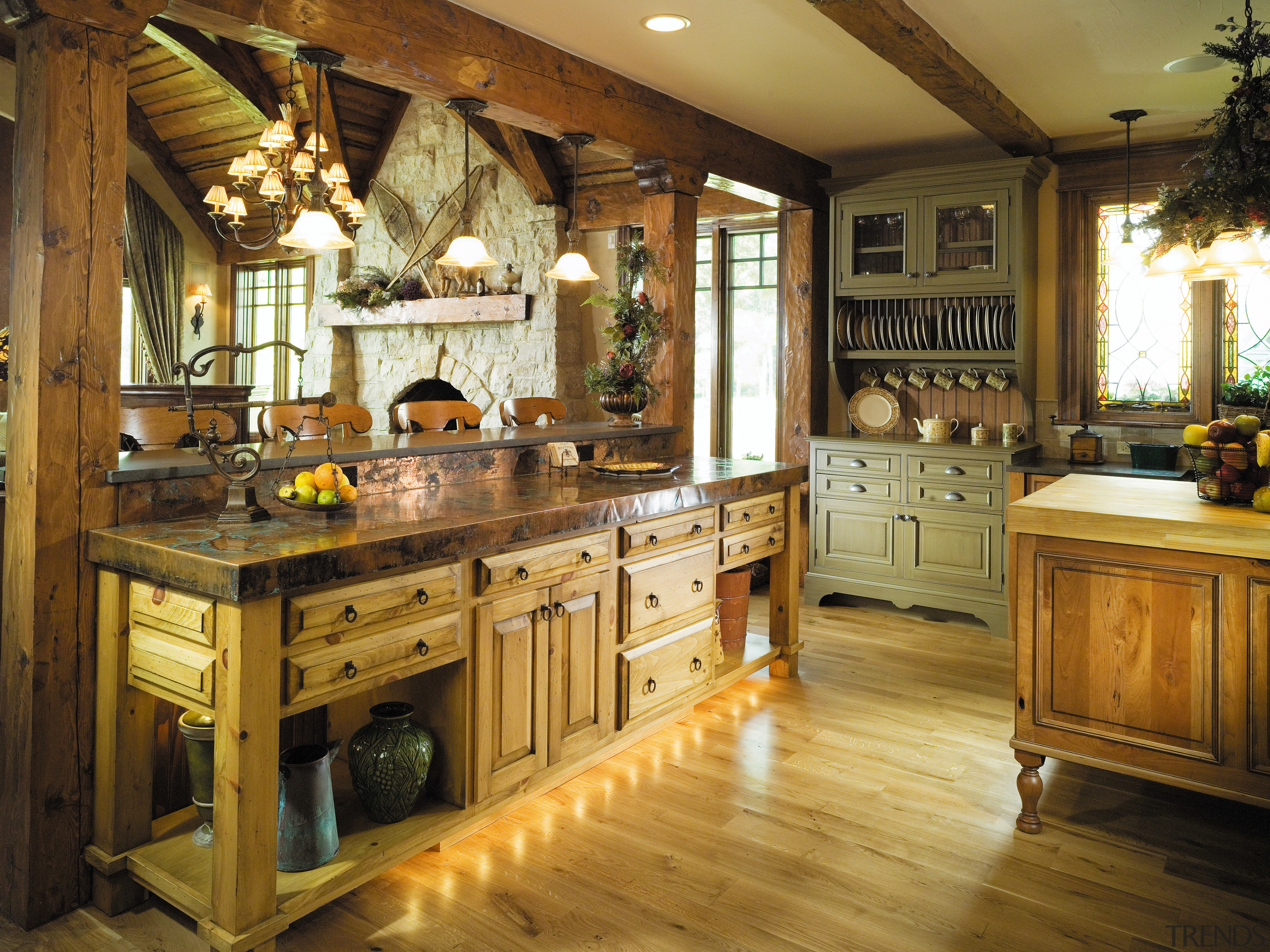 A view of the kitchen, wooden flooring and cabinetry, countertop, cuisine classique, flooring, interior design, kitchen, room, wood, brown
