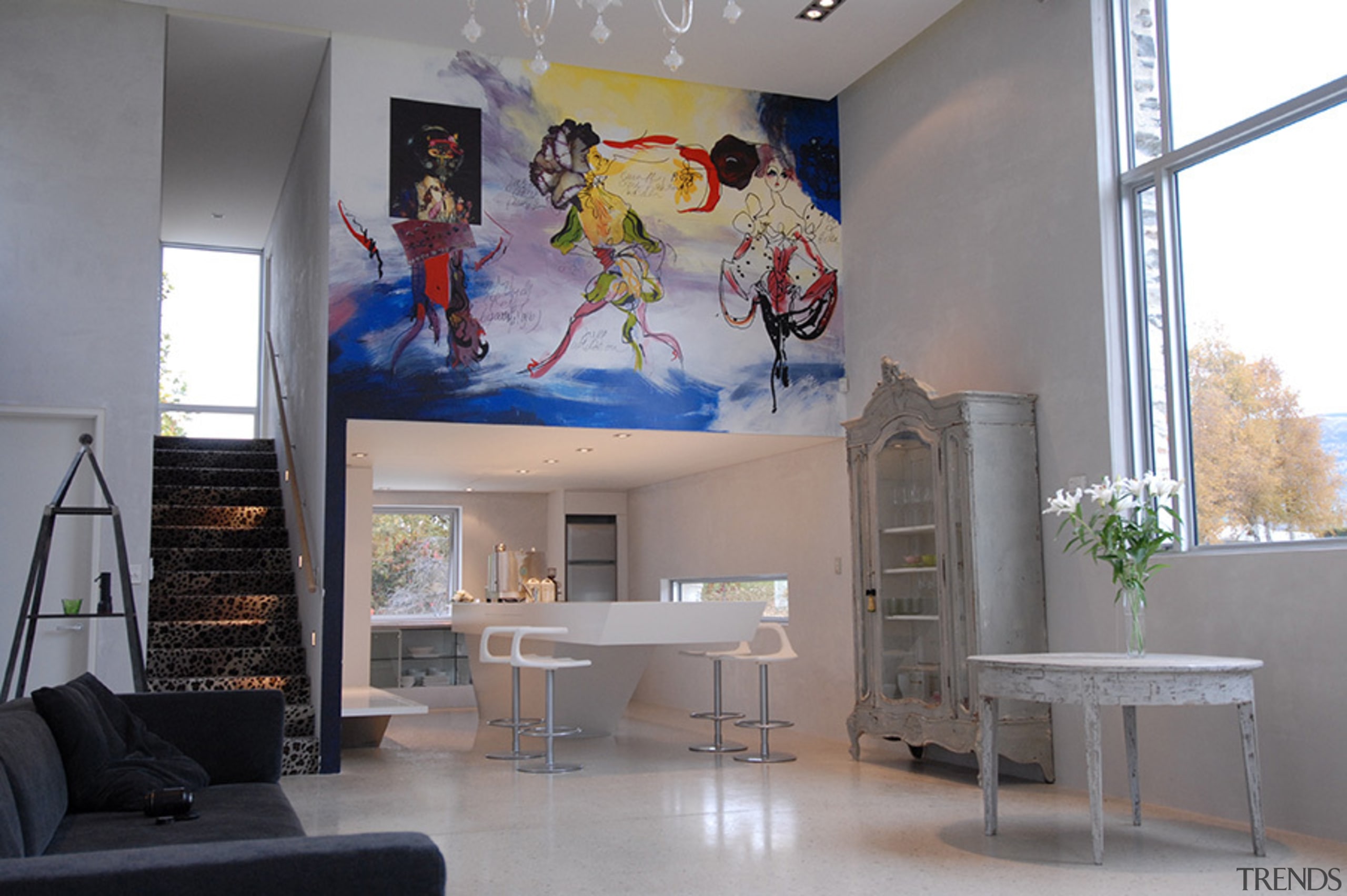 Mantells, Wanaka, New Zealand - art | building art, building, ceiling, floor, furniture, house, interior design, living room, room, table, wall, gray