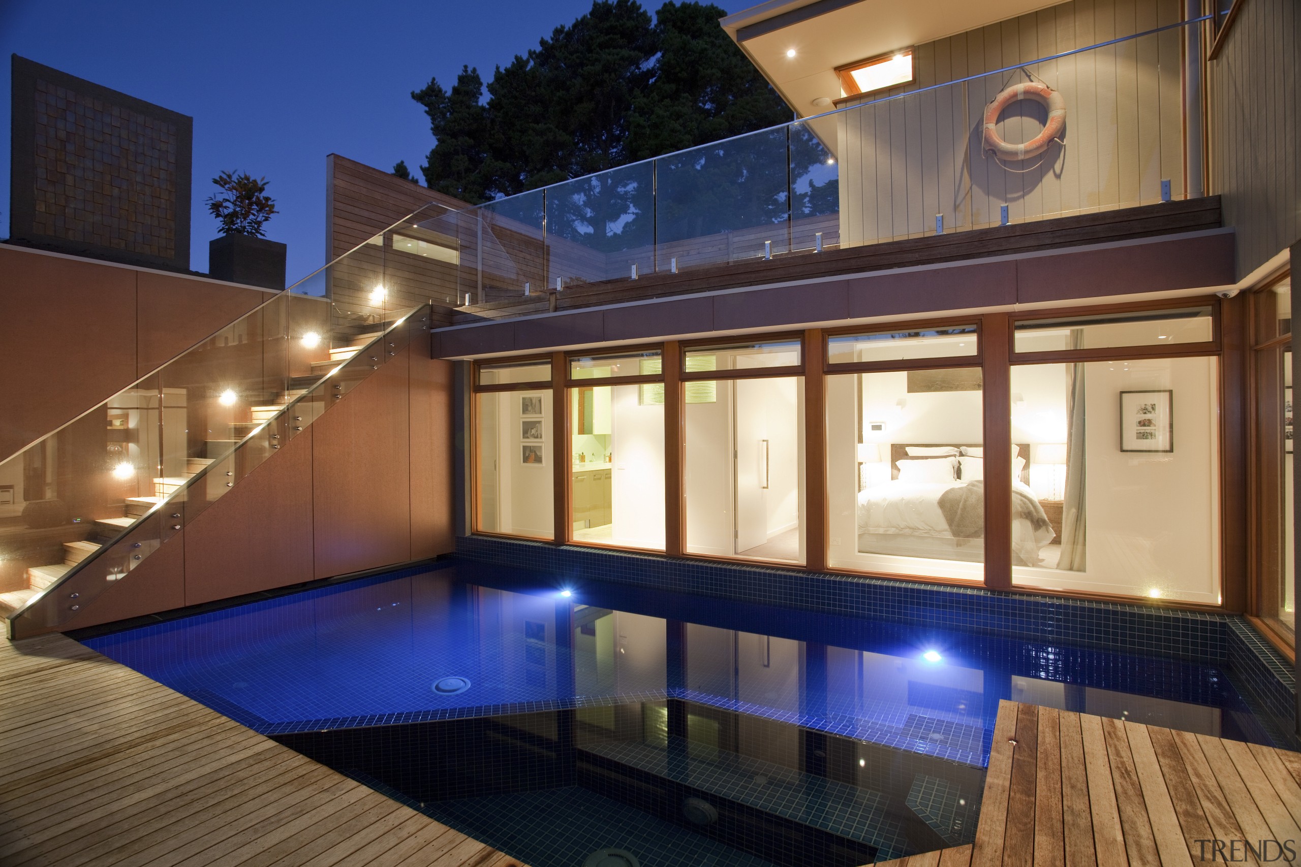 Graeme Alexander Homes project connects to its setting apartment, architecture, estate, home, house, interior design, lighting, property, real estate, swimming pool, window, brown