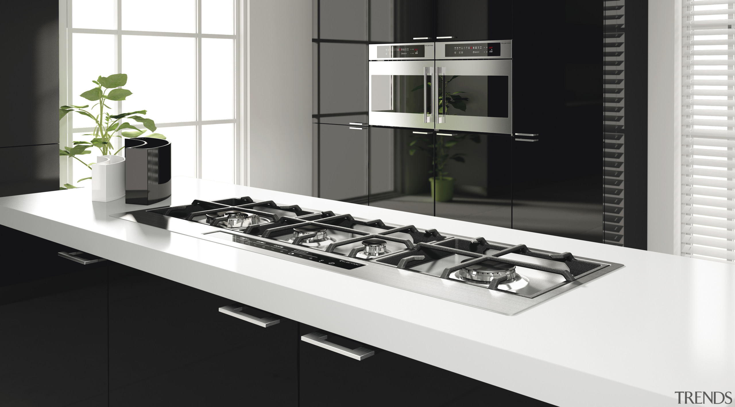 View of modern kitchen fitted with Kleenmaid appliances. countertop, furniture, kitchen, kitchen appliance, kitchen stove, product design, white, black