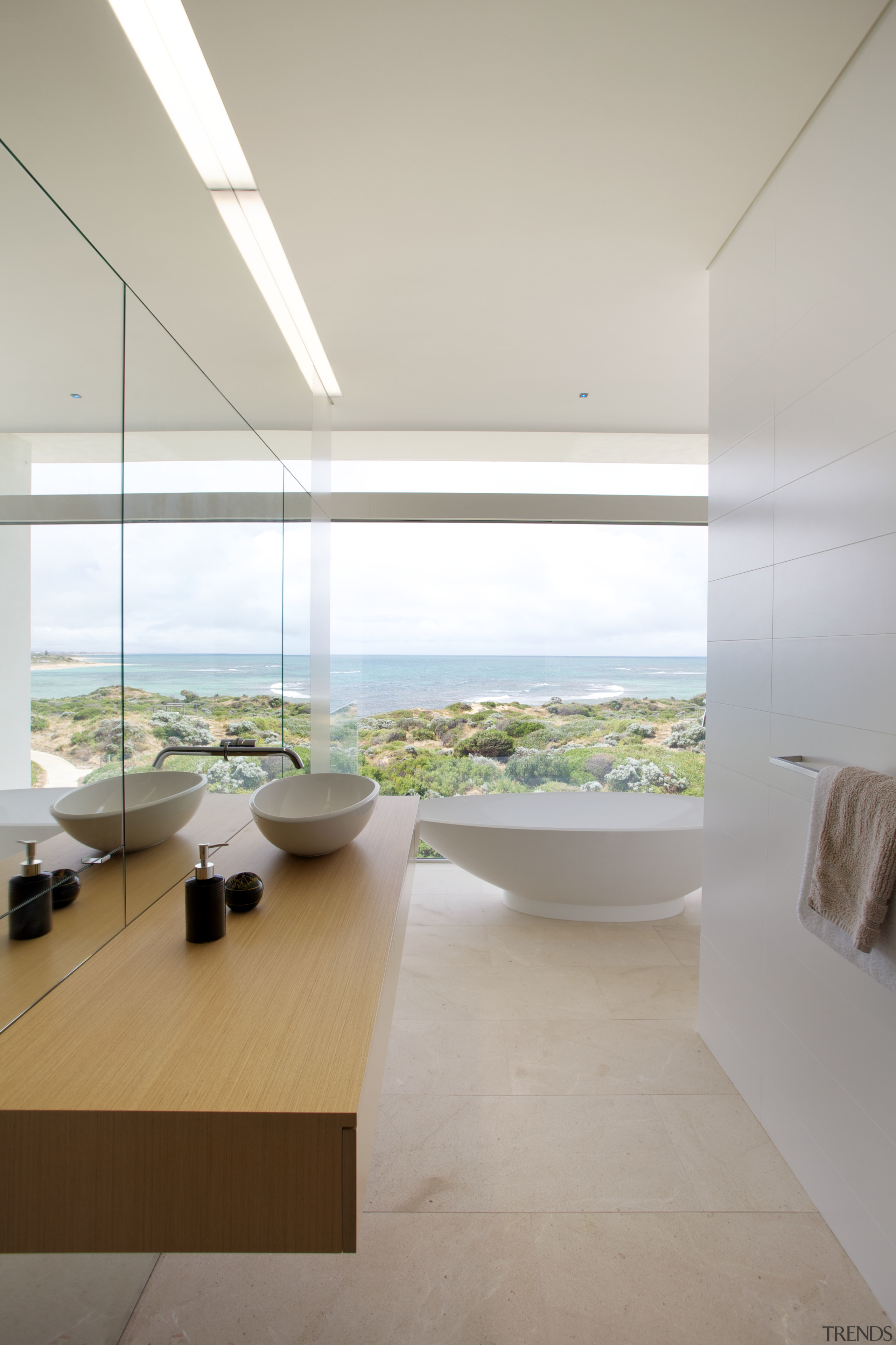 Guest bathroom with views over the Indian Ocean architecture, ceiling, daylighting, floor, house, interior design, product design, gray