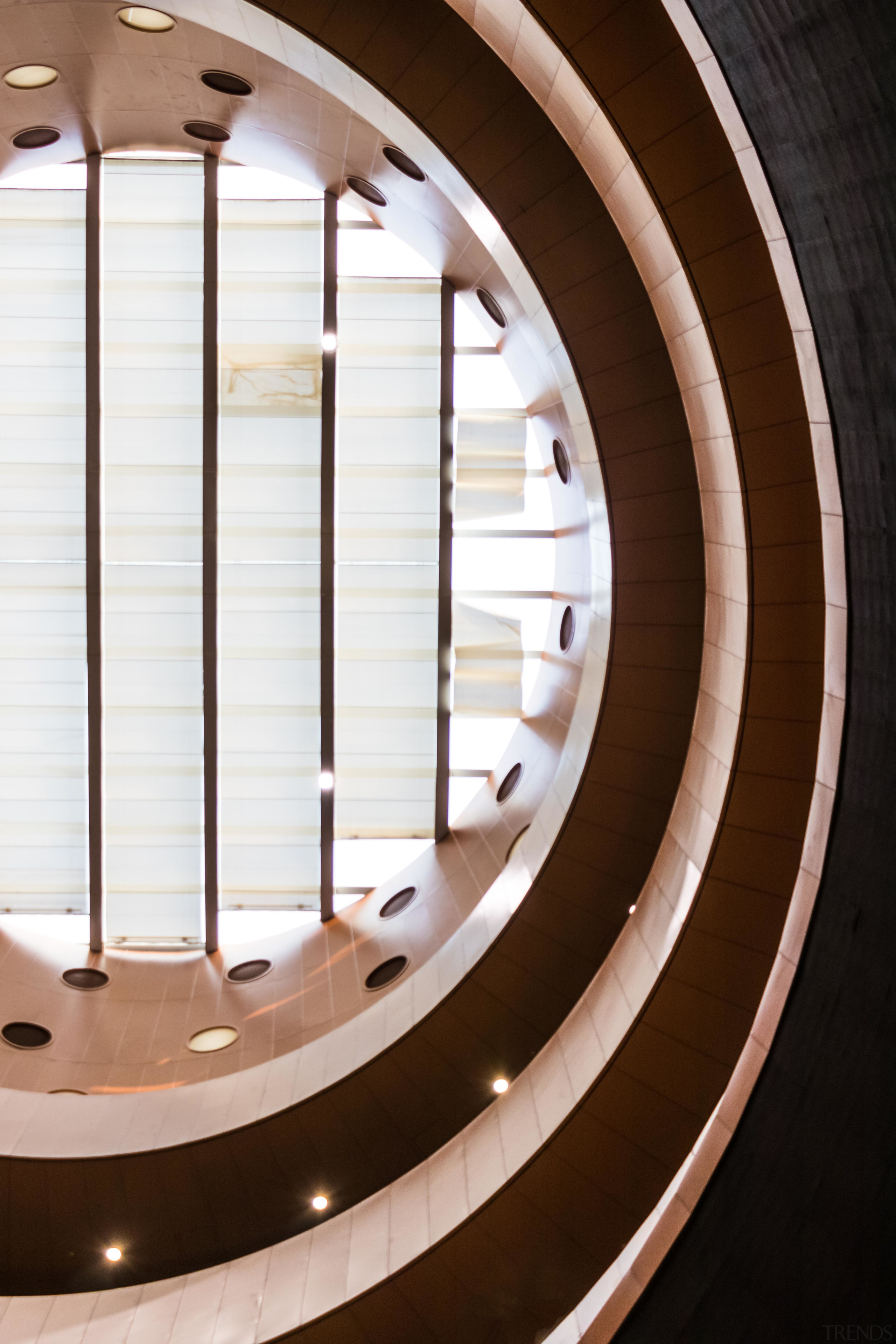 Looking skywards in the main lobby. - Tianjin architecture, building, ceiling, circle, daylighting, interior design, stairs, window, white, brown