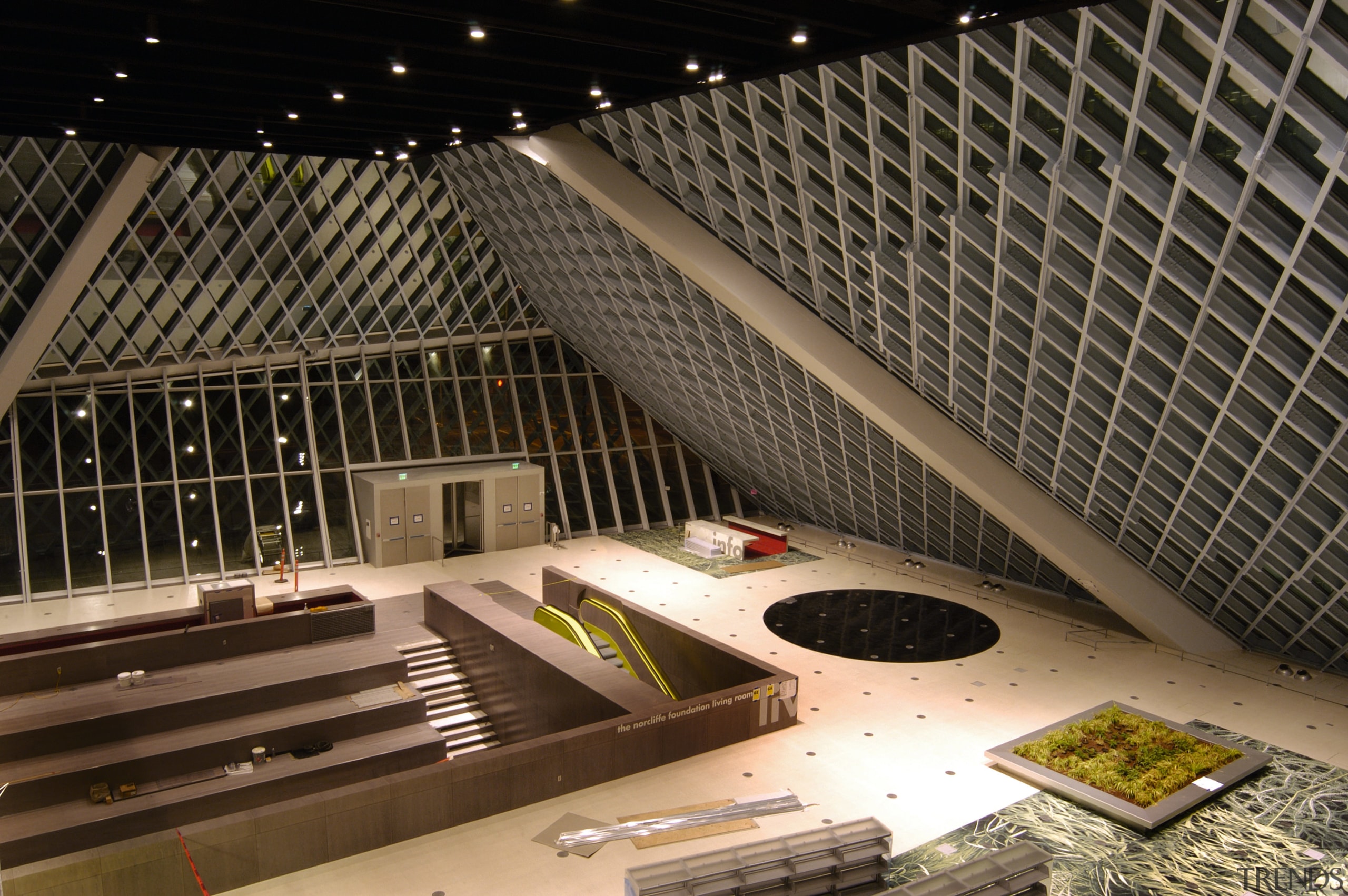 View from above of the foyer area, large architecture, building, daylighting, black, brown