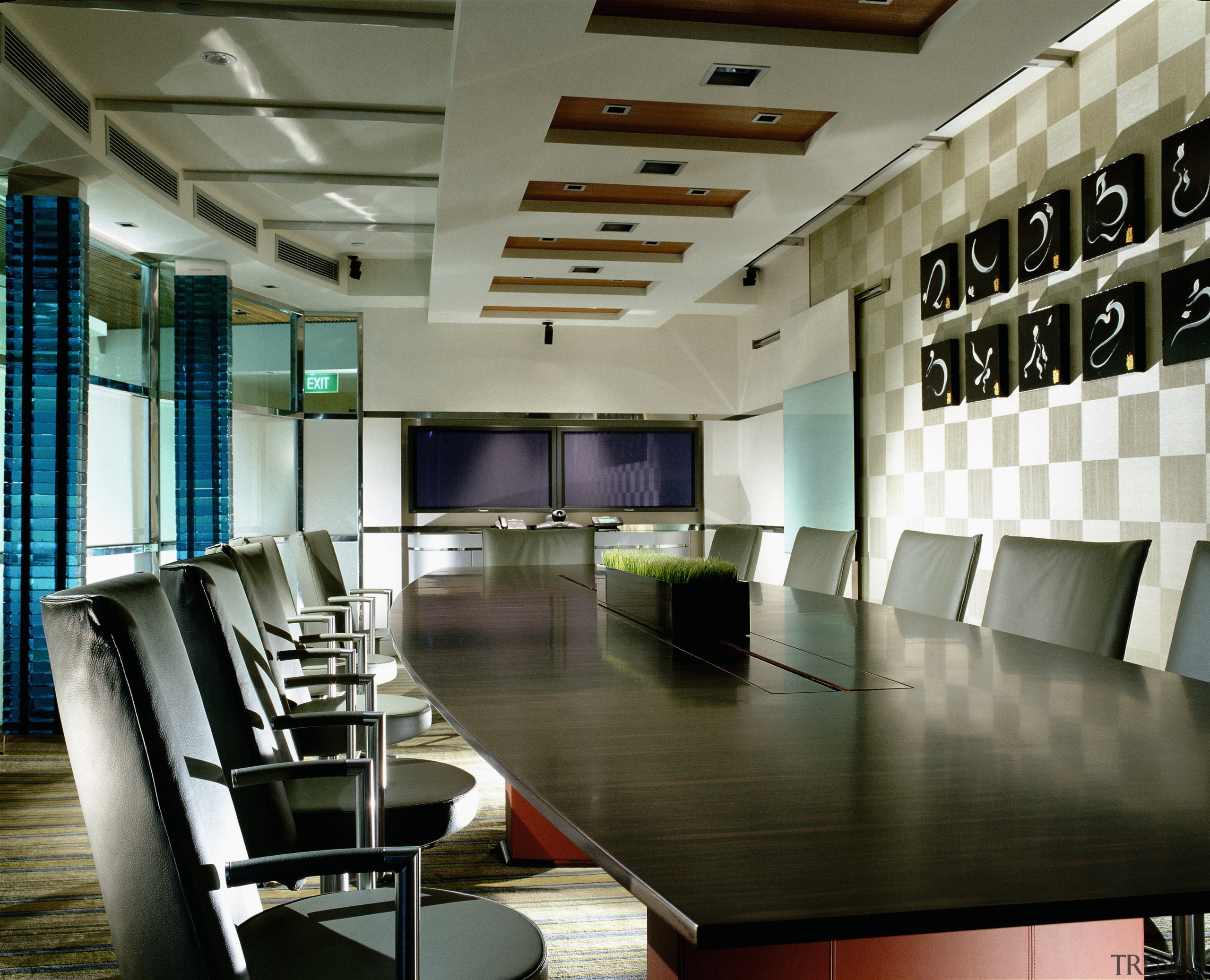 view of the formal boardroom which includes leather ceiling, conference hall, furniture, interior design, lobby, table, gray, brown