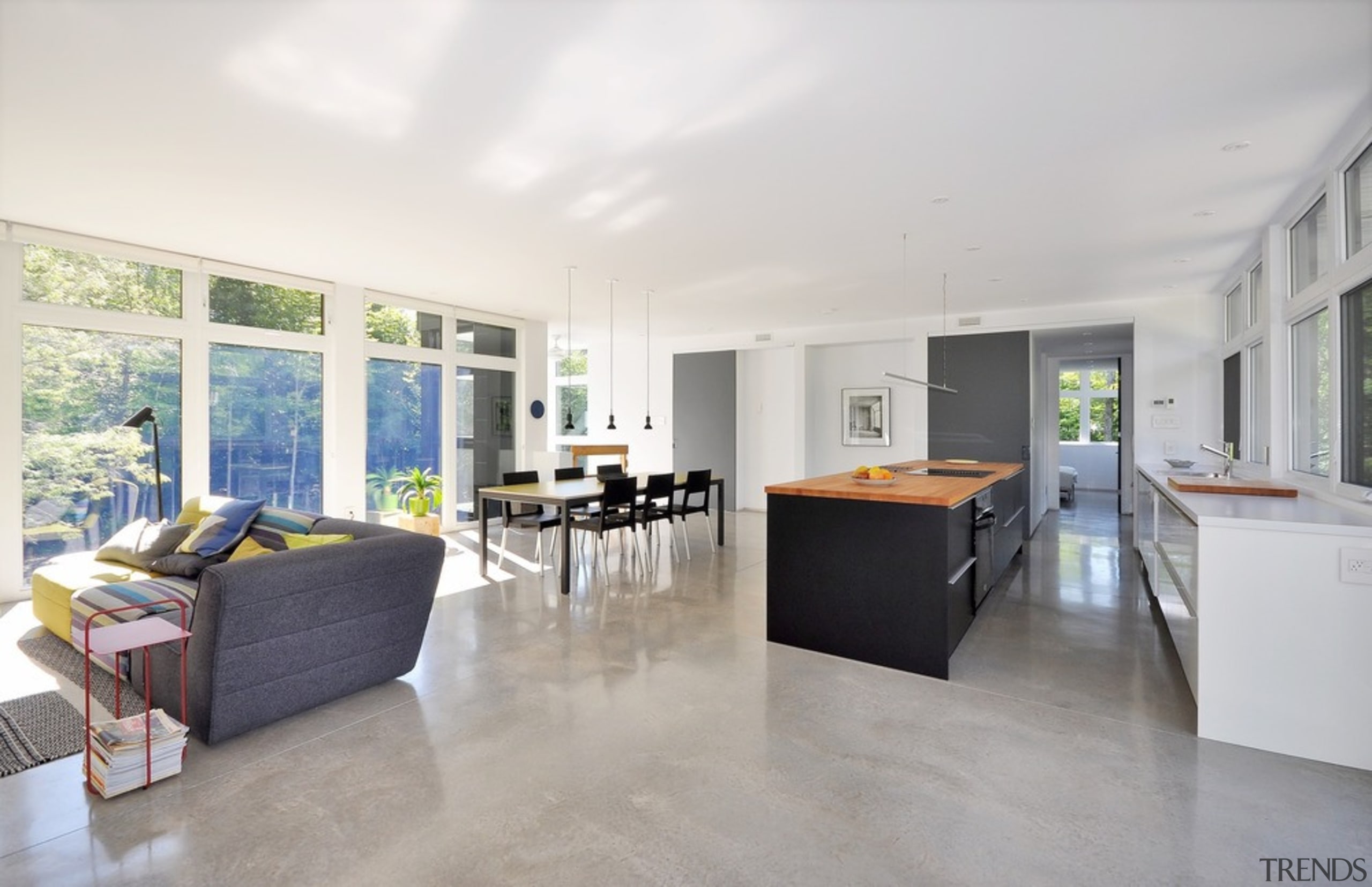 A central block containing the pantry, storage spaces architecture, ceiling, floor, flooring, house, interior design, living room, property, real estate, white, gray