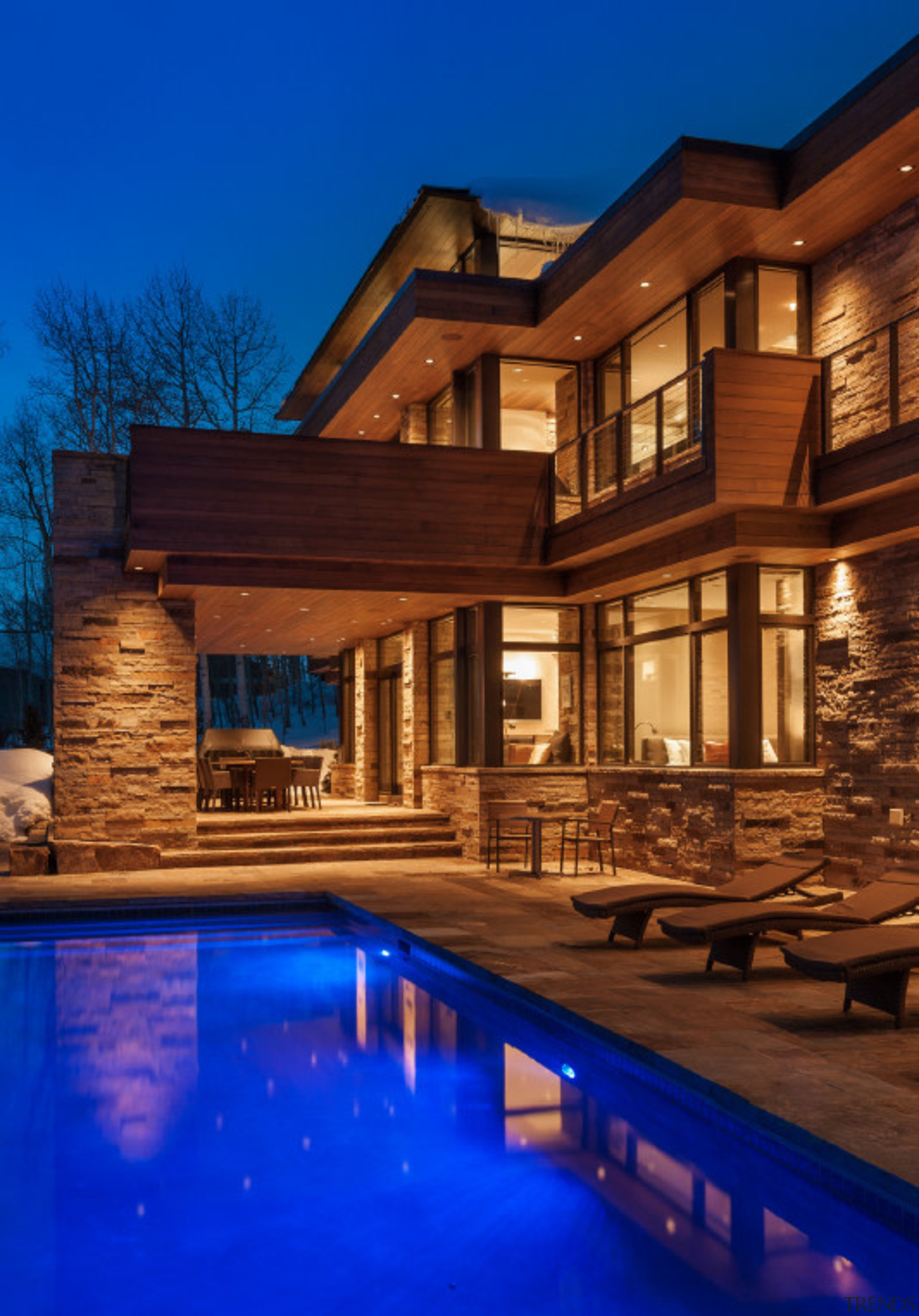 Wilner at Avon, Colorado - Wilner at Avon, architecture, building, elevation, estate, evening, facade, home, house, landscape lighting, lighting, property, real estate, reflection, residential area, siding, sky, swimming pool, villa, window, wood, blue, brown