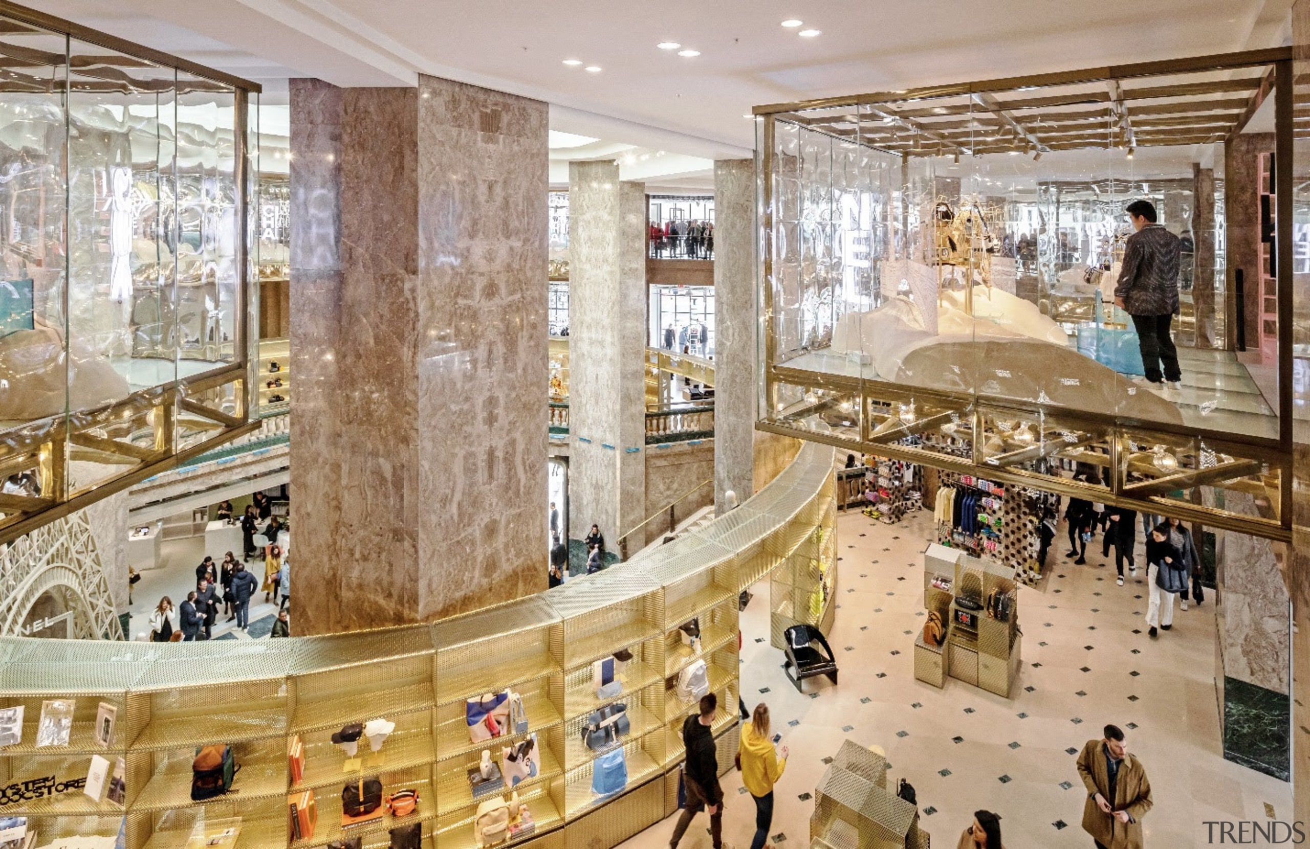 The top floor features a series of suspended architecture, building, interior design, lobby, shopping mall, gray, brown