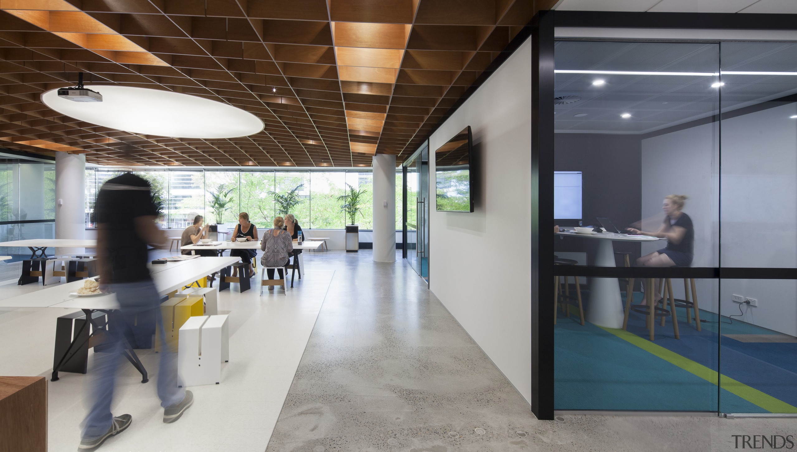 While half of the meeting room pods in institution, interior design, office, gray