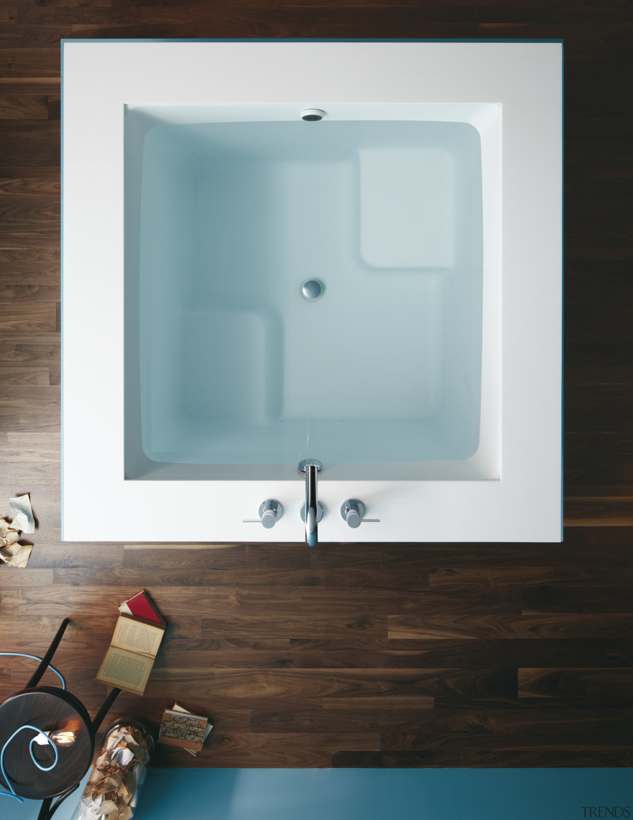 Birds-eye view of Kohler's contemporary, white Underscore Cube bathroom, bathtub, plumbing fixture, product design, sink, brown