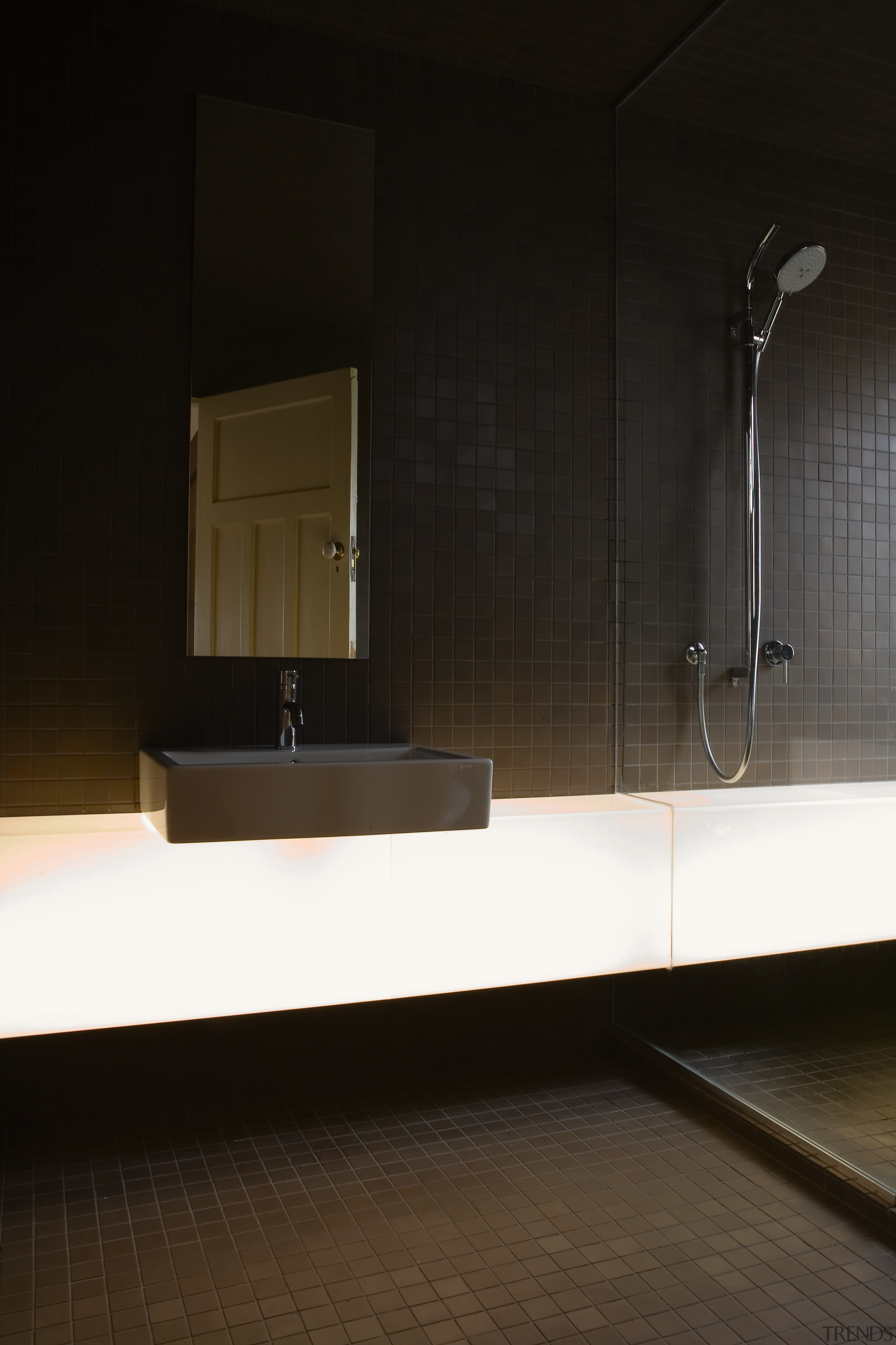 A vertical mirror and squre edged basin introduced architecture, bathroom, floor, interior design, light, light fixture, lighting, plumbing fixture, product design, room, sink, tap, black