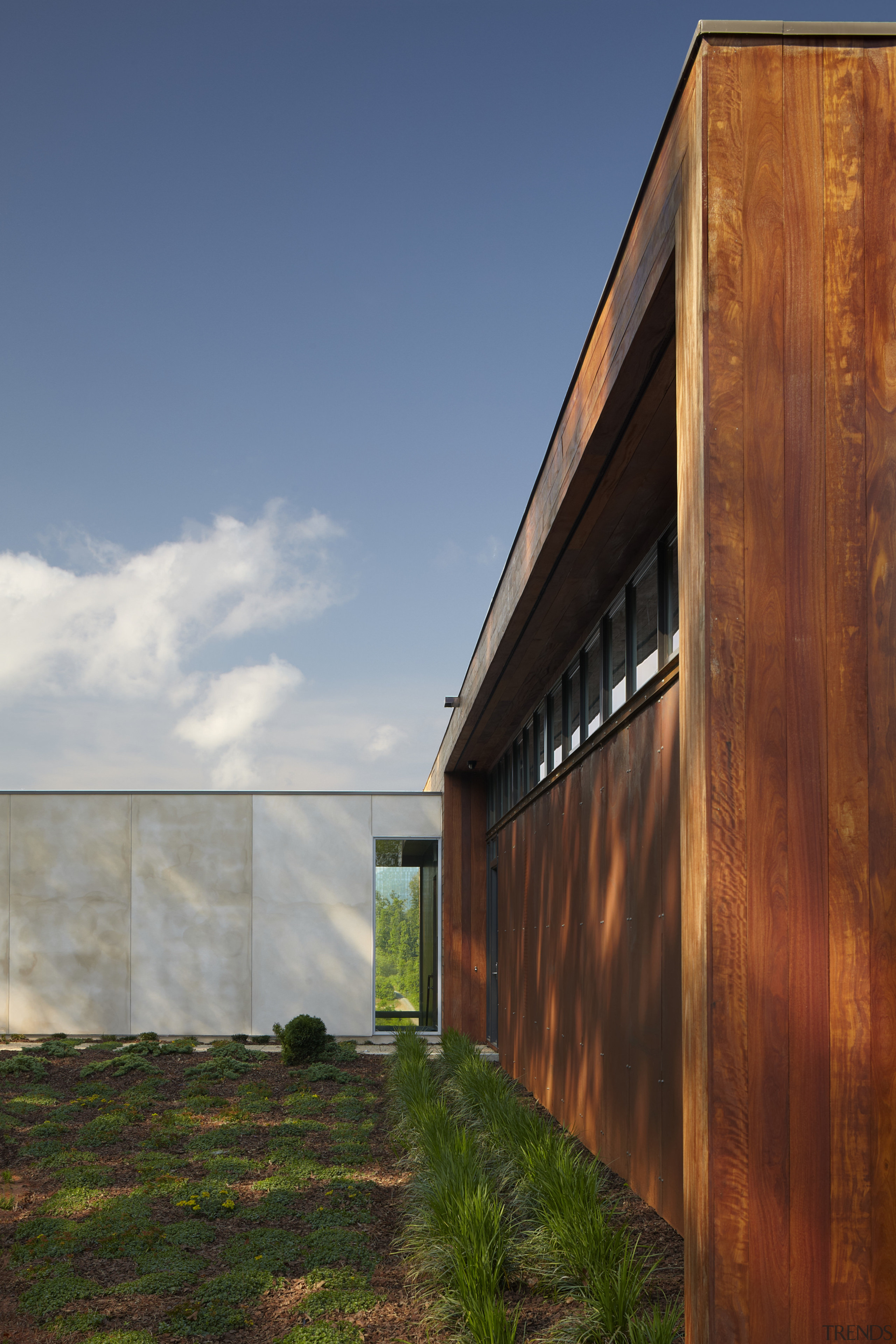 Exterior of house with rusted corten steel. Sustainable architecture, cloud, facade, grass, home, house, real estate, sky, sunlight, wood