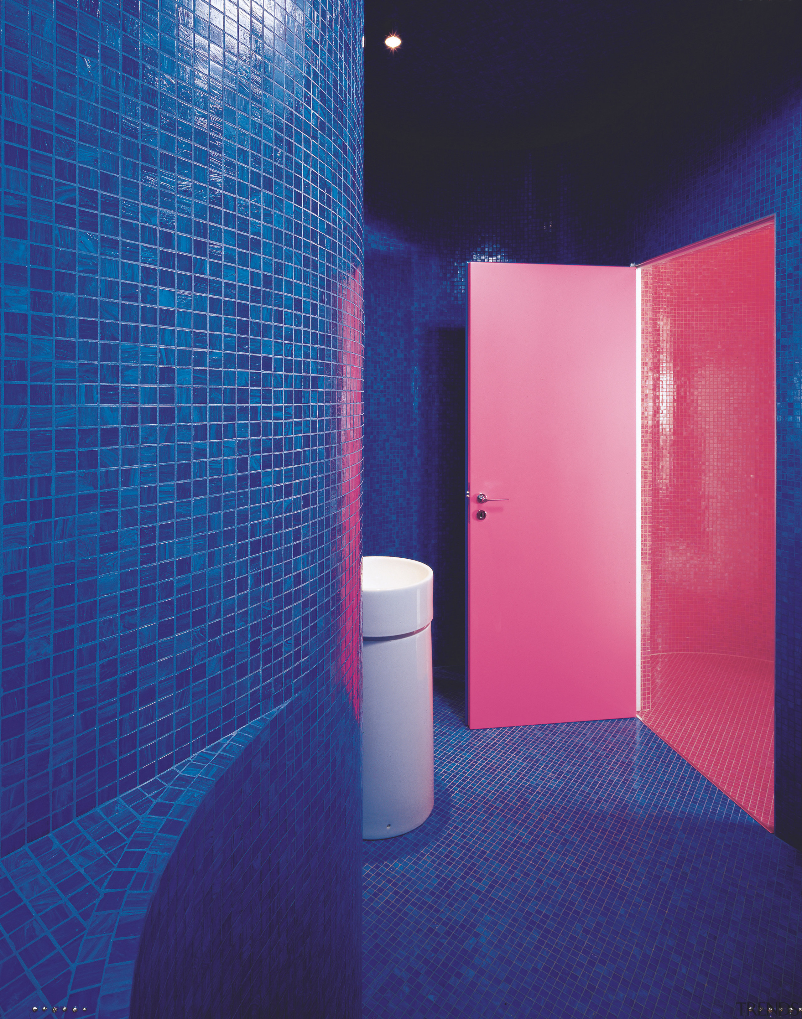 View of the bathroom tiled by Bisazza - architecture, bathroom, blue, ceiling, daylighting, floor, glass, interior design, light, lighting, public toilet, purple, room, tile, wall, blue