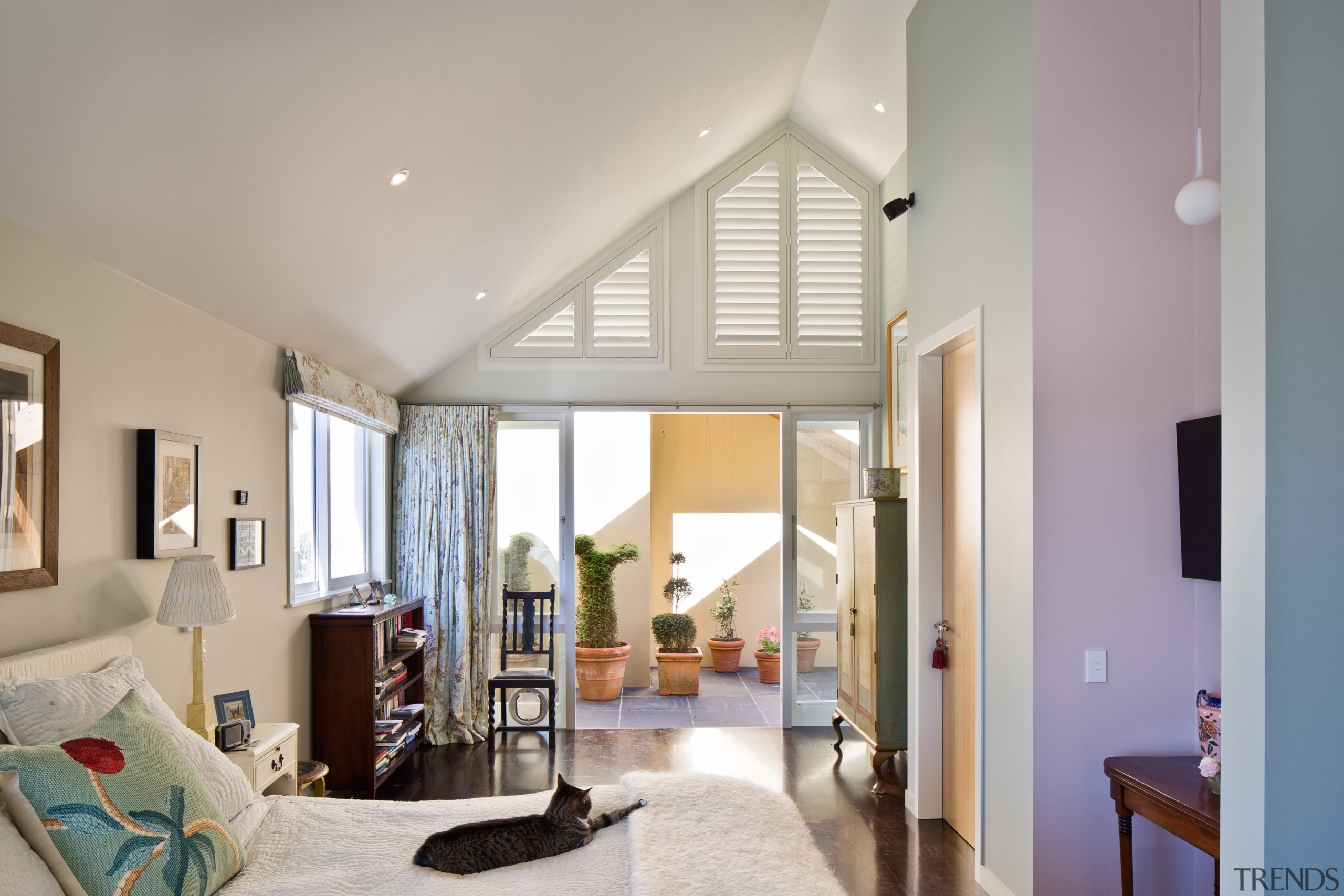 This master bedroom opens to a privarte courtyard. architecture, ceiling, daylighting, estate, floor, home, house, interior design, living room, property, real estate, room, window, gray