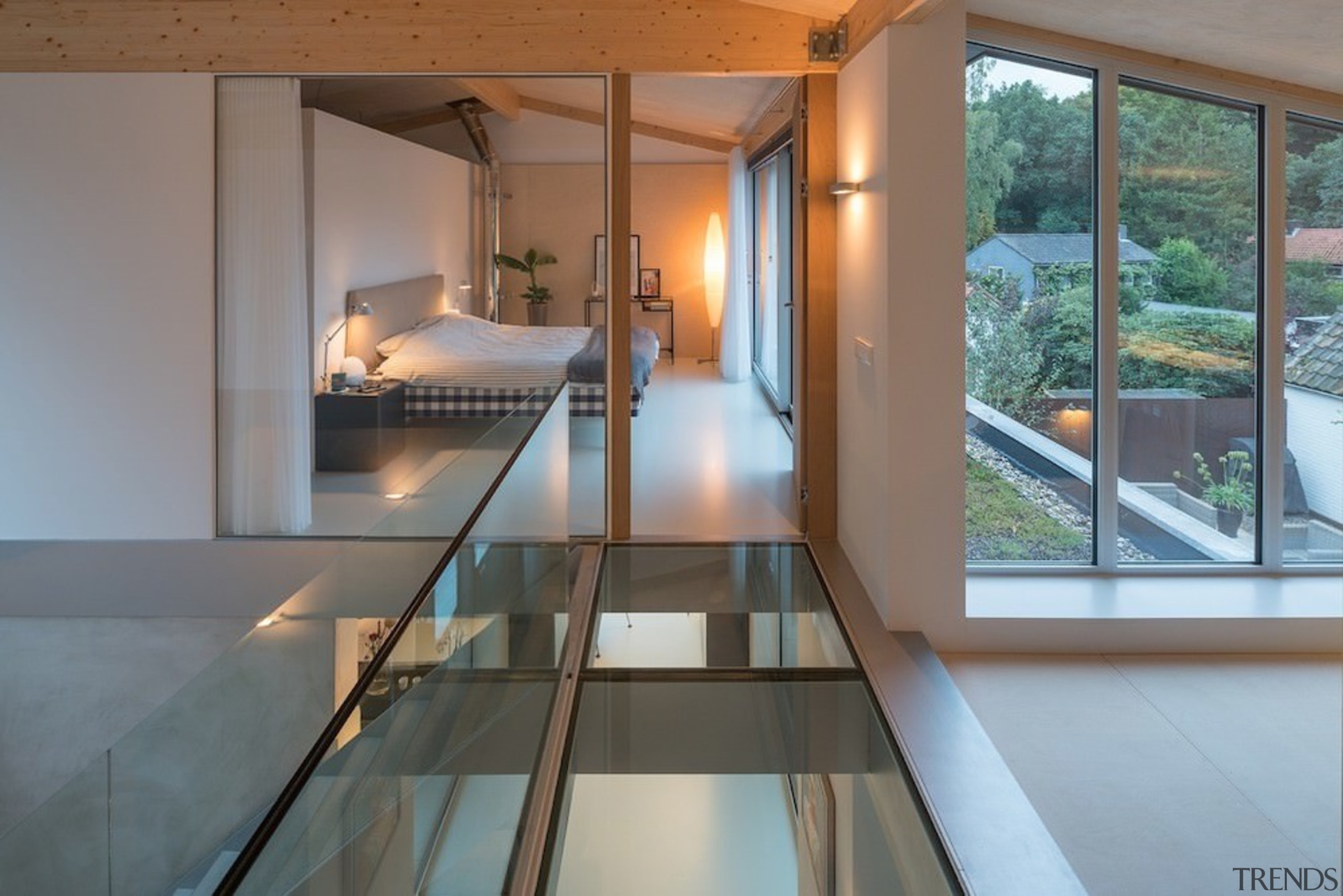 A view of the glass floor - A architecture, daylighting, glass, handrail, house, interior design, real estate, window, gray