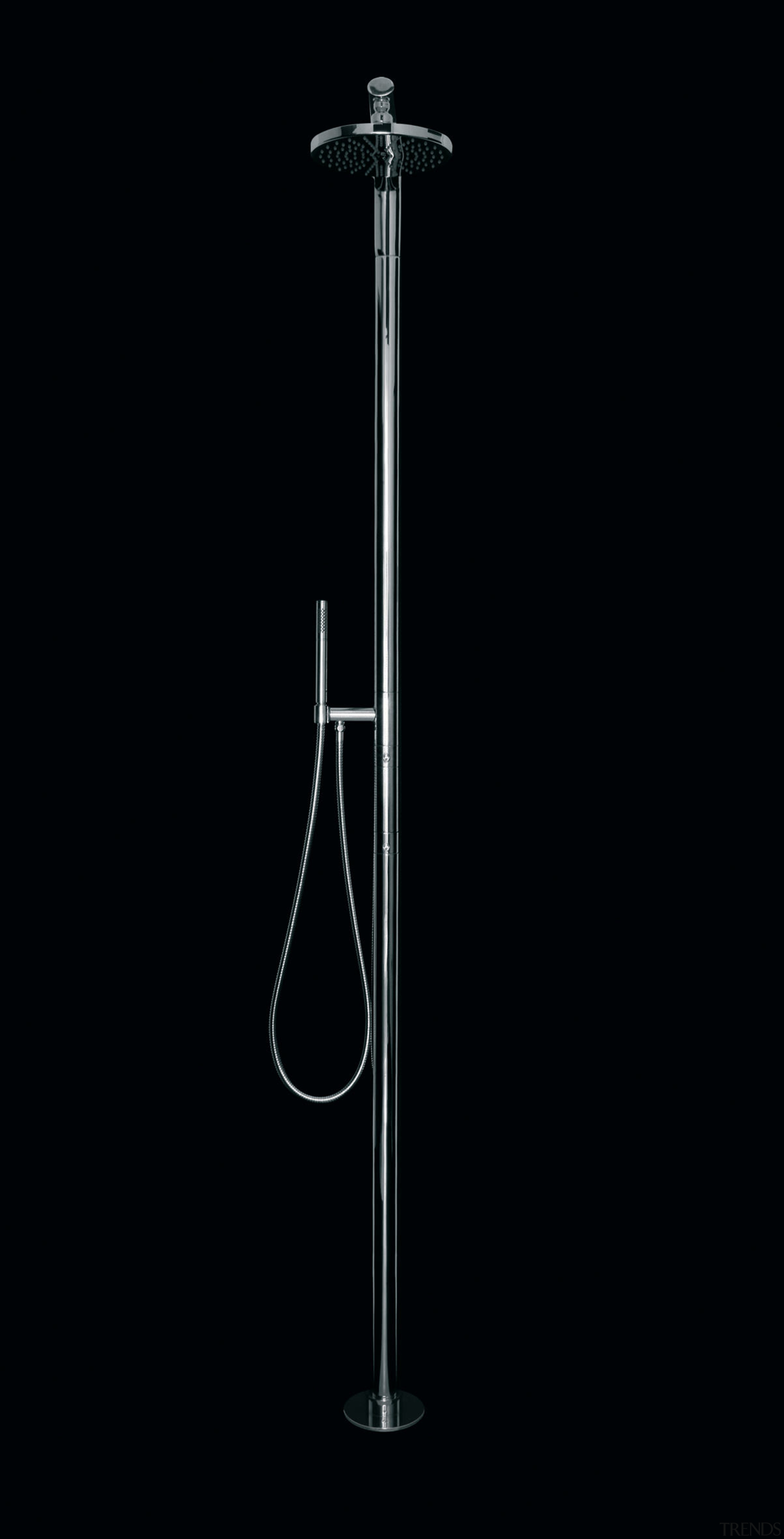 A view of a shower fitting by OMBG. light fixture, lighting, microphone stand, product design, black