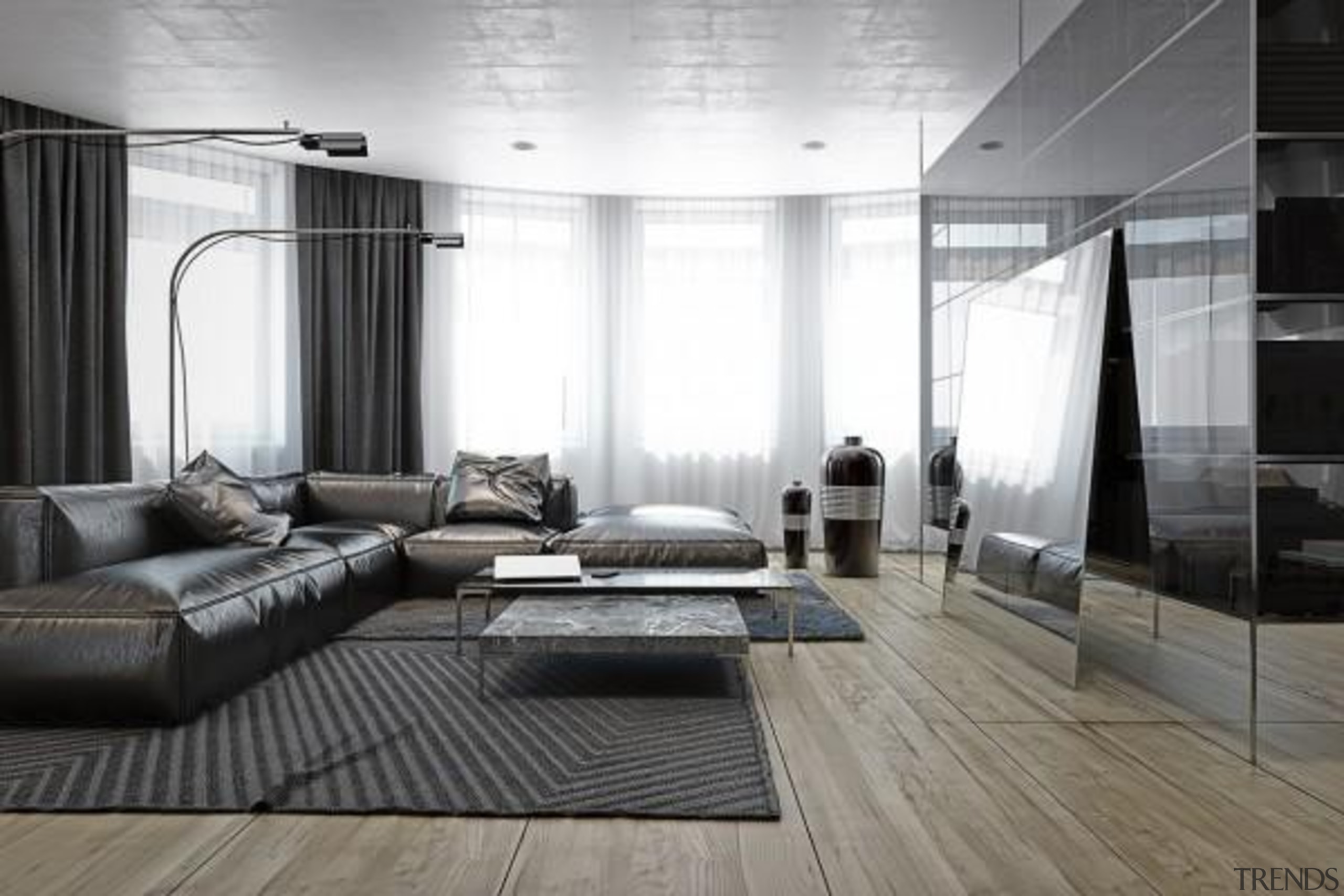 creative coffee table - Masculine Apartments - ceiling ceiling, floor, flooring, furniture, interior design, living room, room, wall, window, wood flooring, gray, white, black