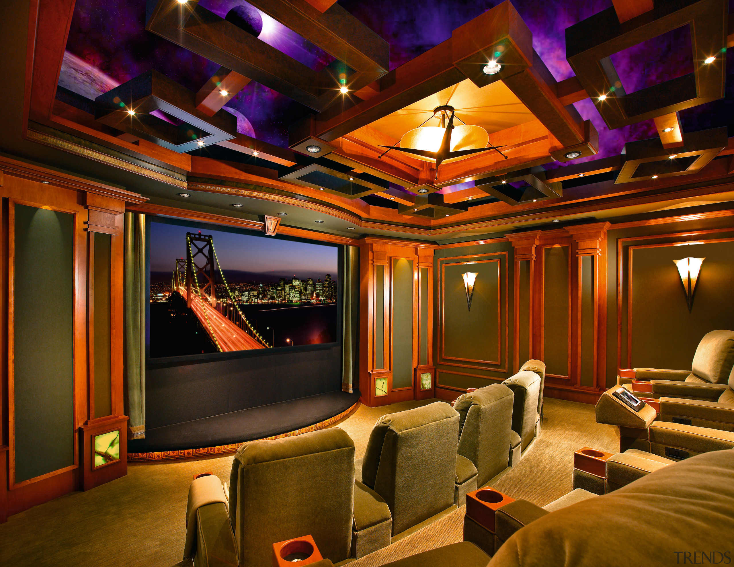 Image of this home theatre which seats 12 entertainment, home, interior design, lighting, room, theatre, brown