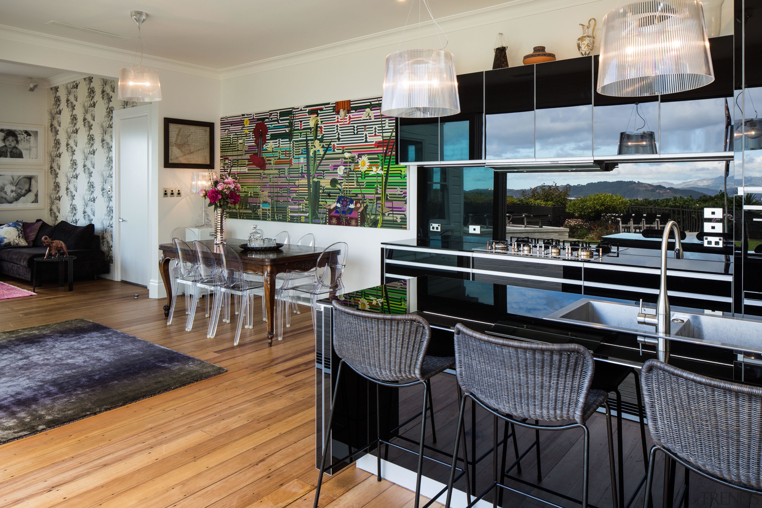 Woven fabric stools provide an earthy contrast to apartment, interior design, real estate, table, gray, black