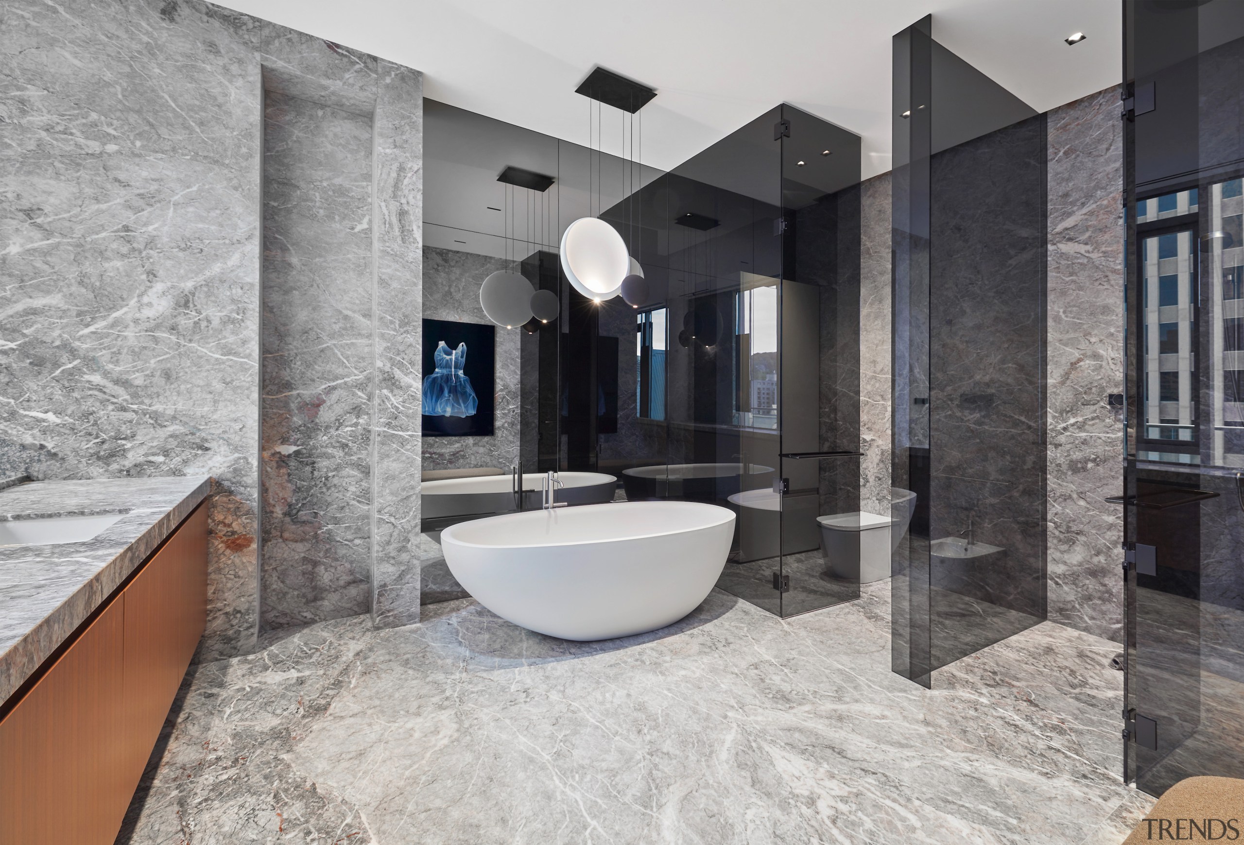 An artistic freestanding tub graces the main bathroom.Photography 
