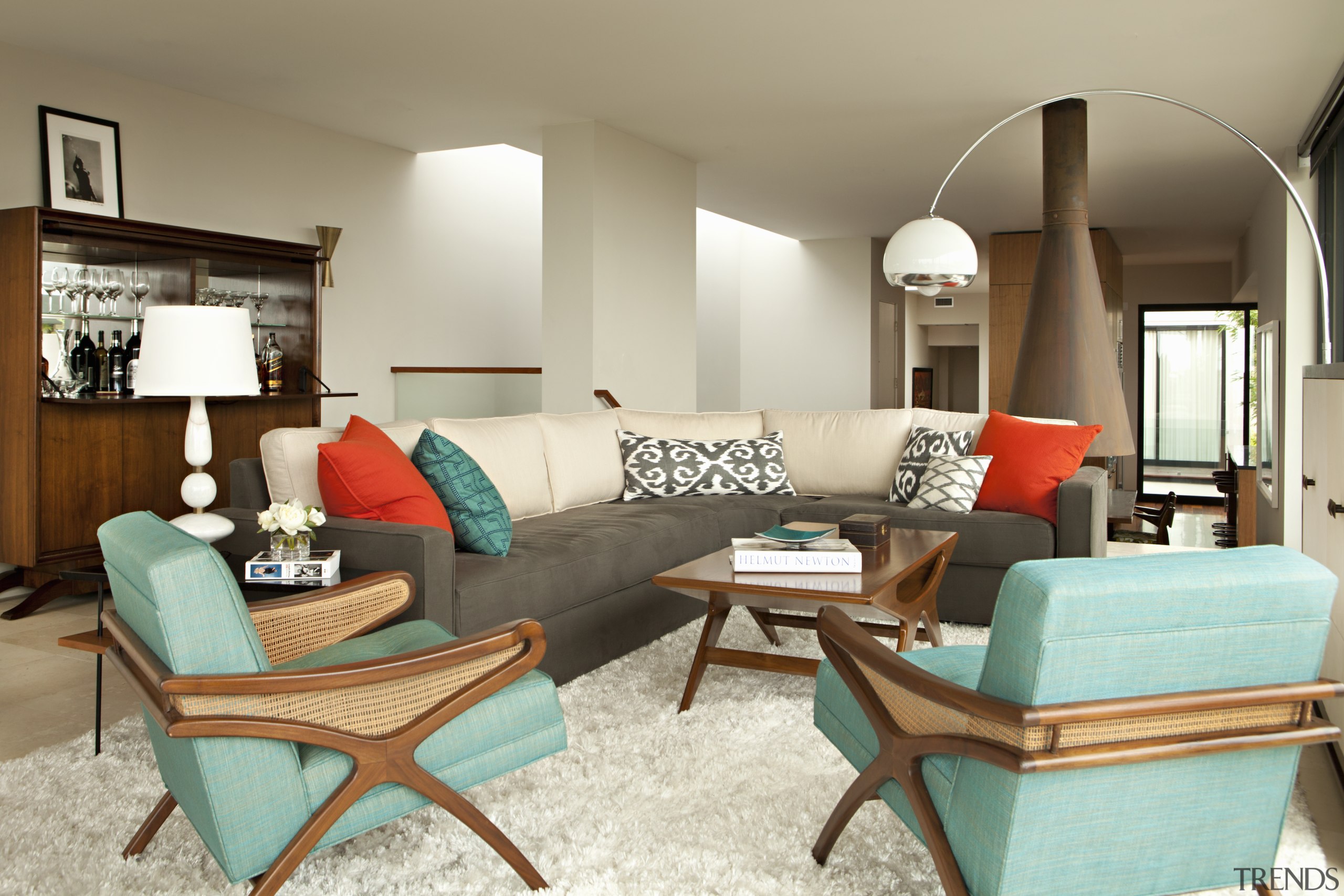 The living area replete with '50s styled elements. 