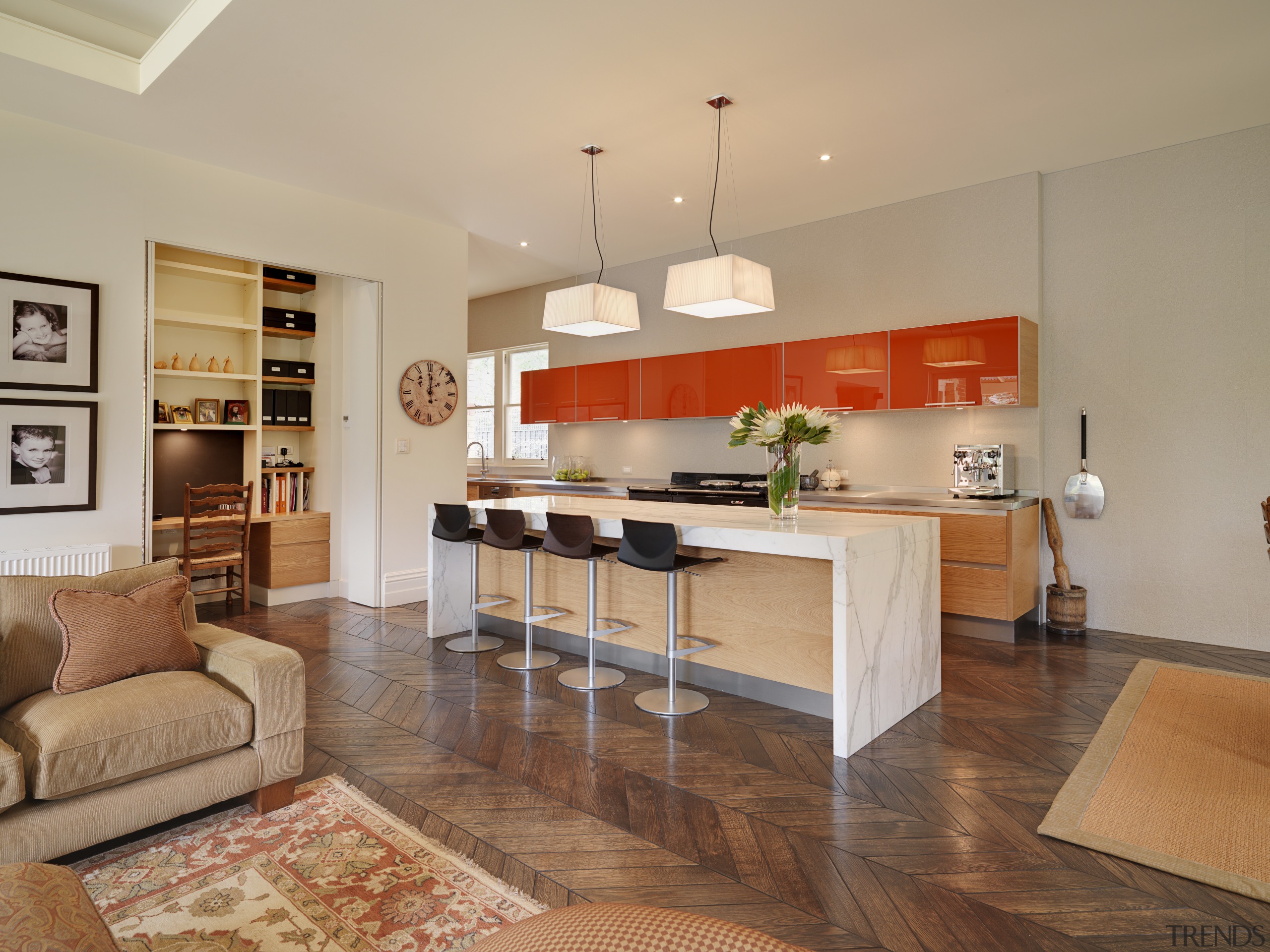 Kitchen designer Keith Sheedy worked in close contact floor, flooring, hardwood, home, interior design, kitchen, living room, real estate, room, table, orange, brown