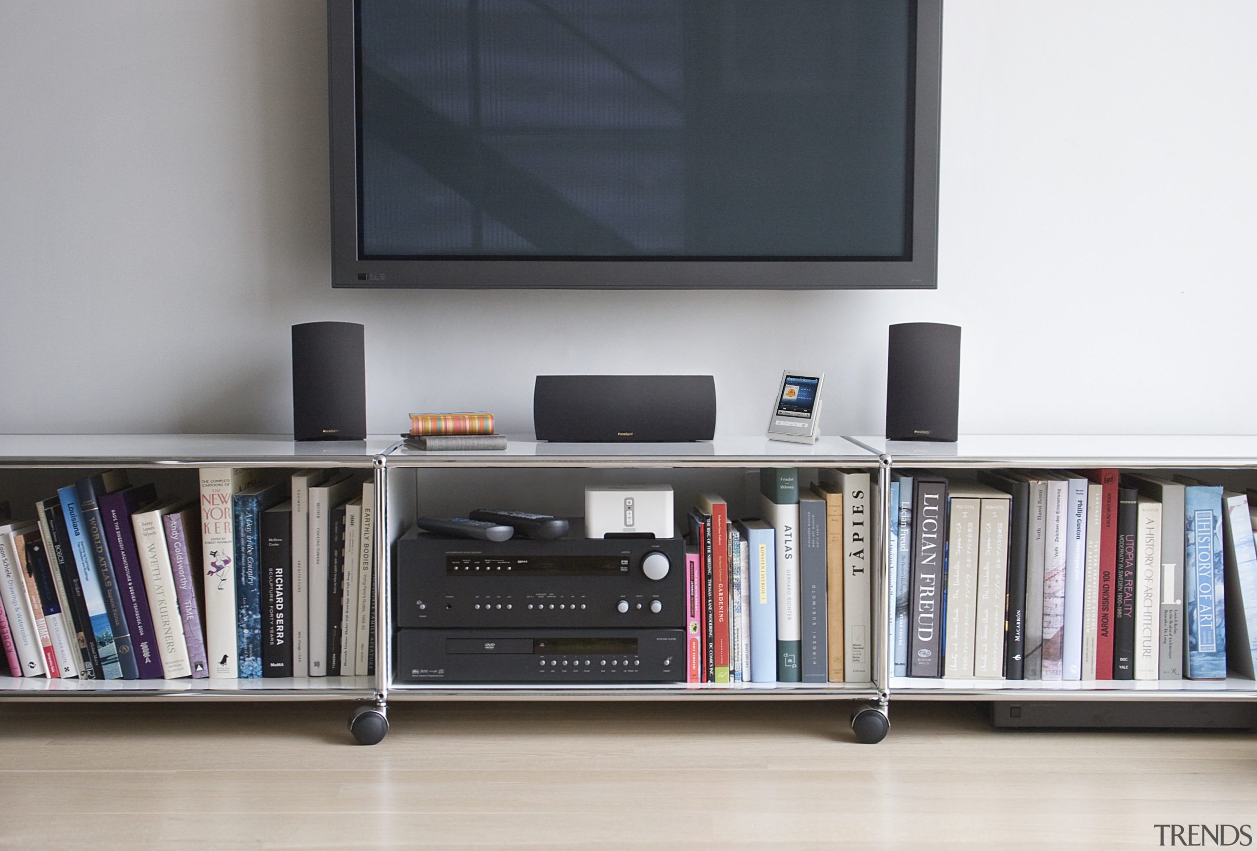 view of sono wireless connectivity streams music from bookcase, display device, electronics, furniture, product, product design, shelf, shelving, gray, white, black